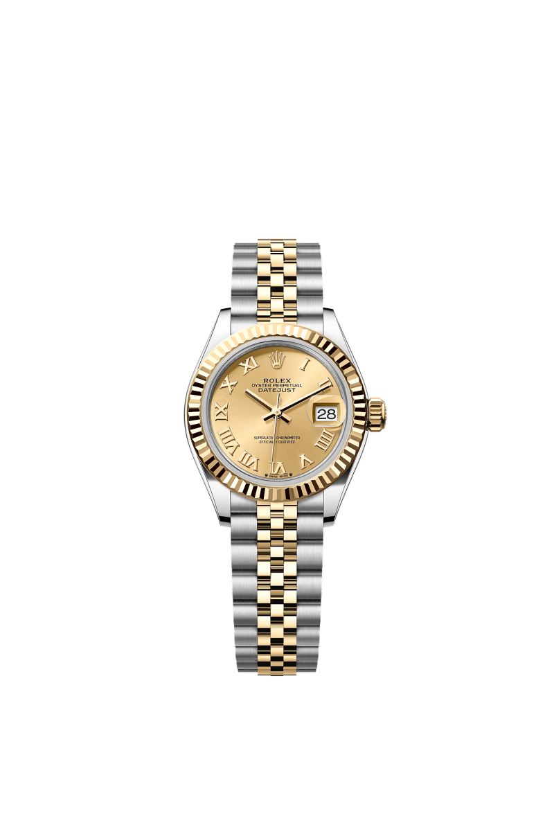 ROLEX LADY-DATEJUST 28MM TWO-TONE YELLOW GOLD CHAMPAGNE ROMAN DIAL FLUTED BEZEL JUBILEE BRACELET 279173