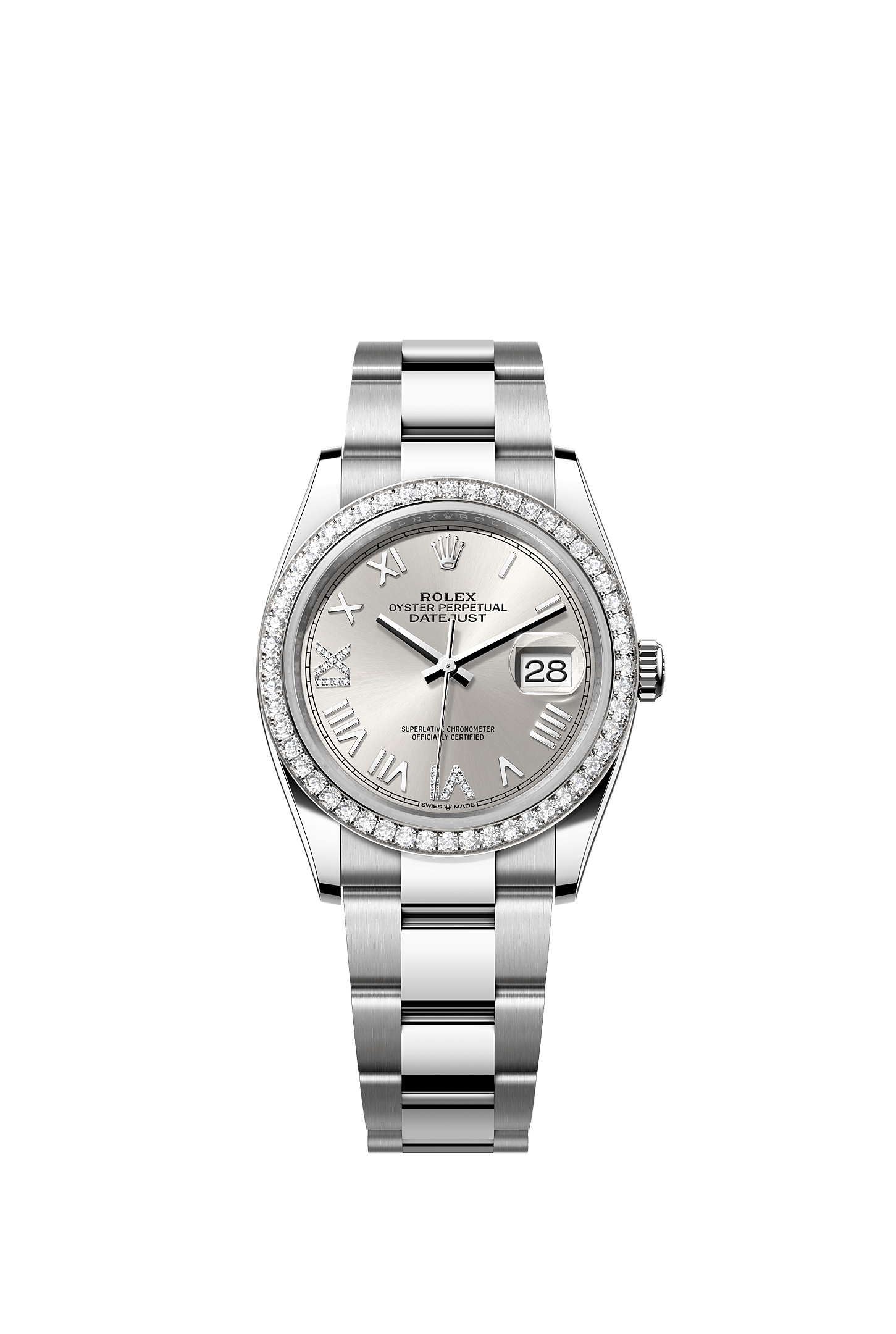 ROLEX DATEJUST 36 SILVER ROMAN DIAMOND DIAL DIAMOND BEZEL OYSTER BRACELET 126284RBR