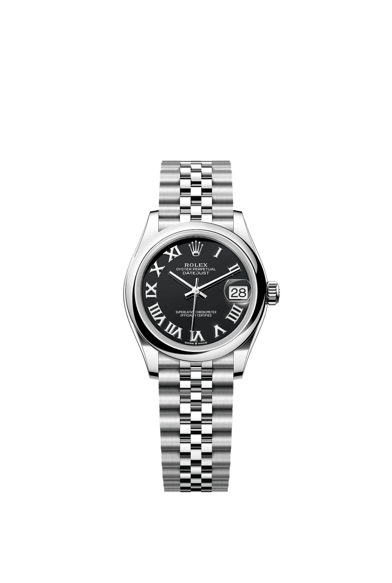 ROLEX LADY-DATEJUST 31MM BLACK ROMAN DIAL SMOOTH DOMED BEZEL JUBILEE BRACELET 278240