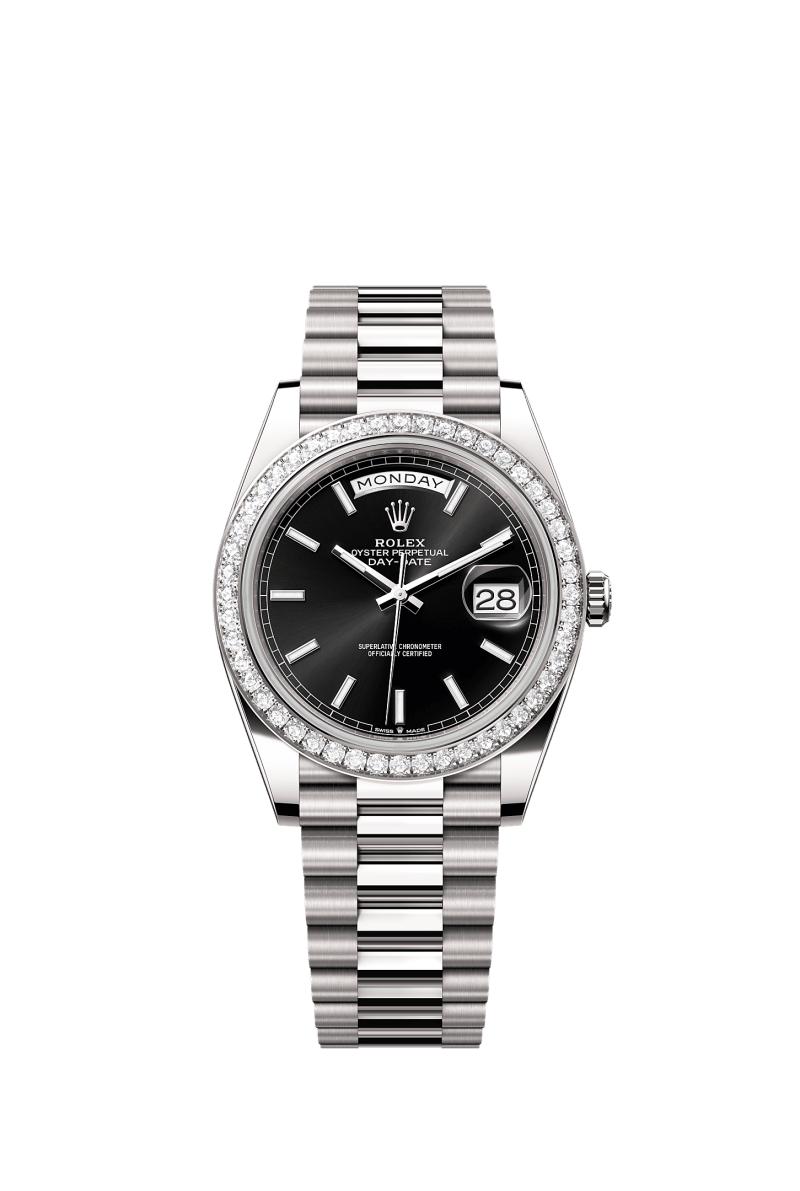ROLEX DAY-DATE 40MM WHITE GOLD BLACK INDEX DIAL DIAMOND BEZEL PRESIDENT BRACELET 228349RBR