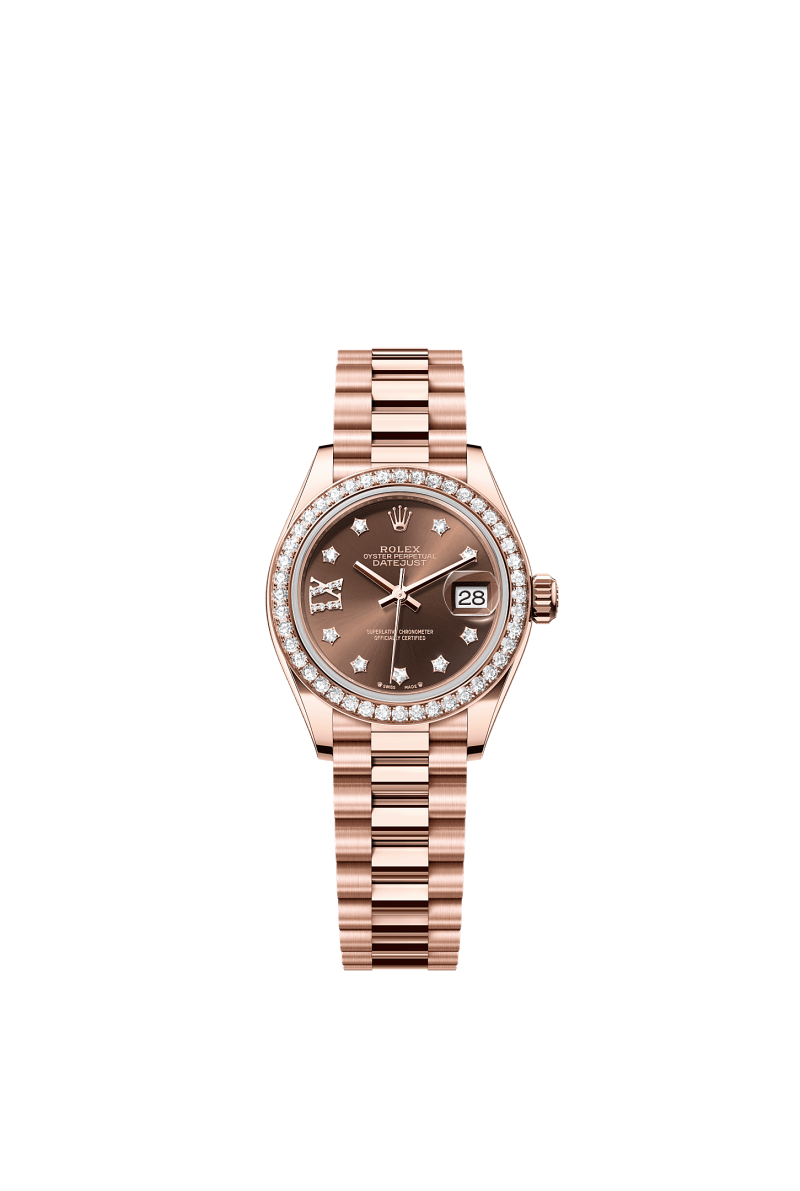 ROLEX LADY-DATEJUST 28MM EVEROSE GOLD CHOCOLATE STAR DIAMOND DIAL DIAMOND-SET BEZEL PRESIDENT BRACELET 279135RBR