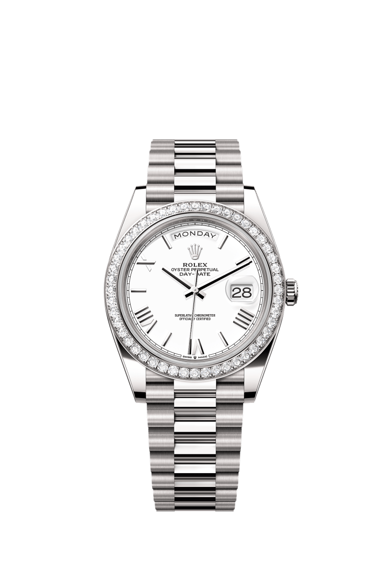 ROLEX DAY-DATE 40MM WHITE GOLD WHITE ROMAN DIAL DIAMOND BEZEL PRESIDENT BRACELET 228349RBR