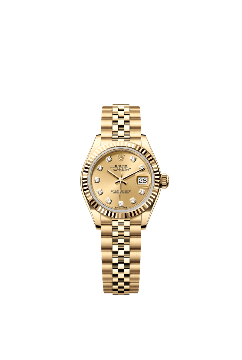 ROLEX LADY-DATEJUST 28MM YELLOW GOLD CHAMPAGNE DIAMOND DIAL FLUTED BEZEL JUBILEE BRACELET 279178