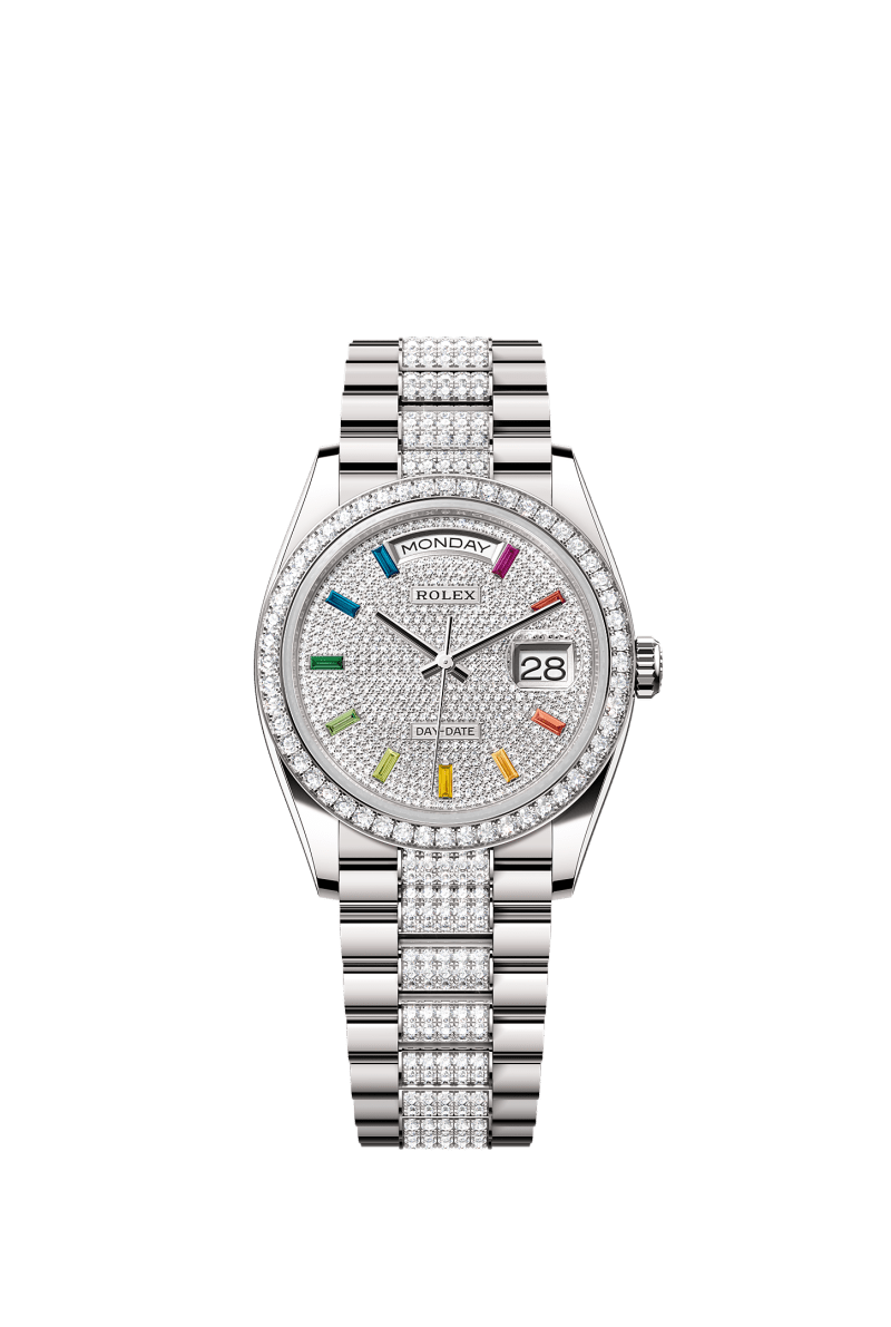 ROLEX DAY-DATE 36MM WHITE GOLD RAINBOW DIAMOND PAVE DIAL DIAMOND BEZEL DIAMOND-SET PRESIDENT BRACELET 128349RBR