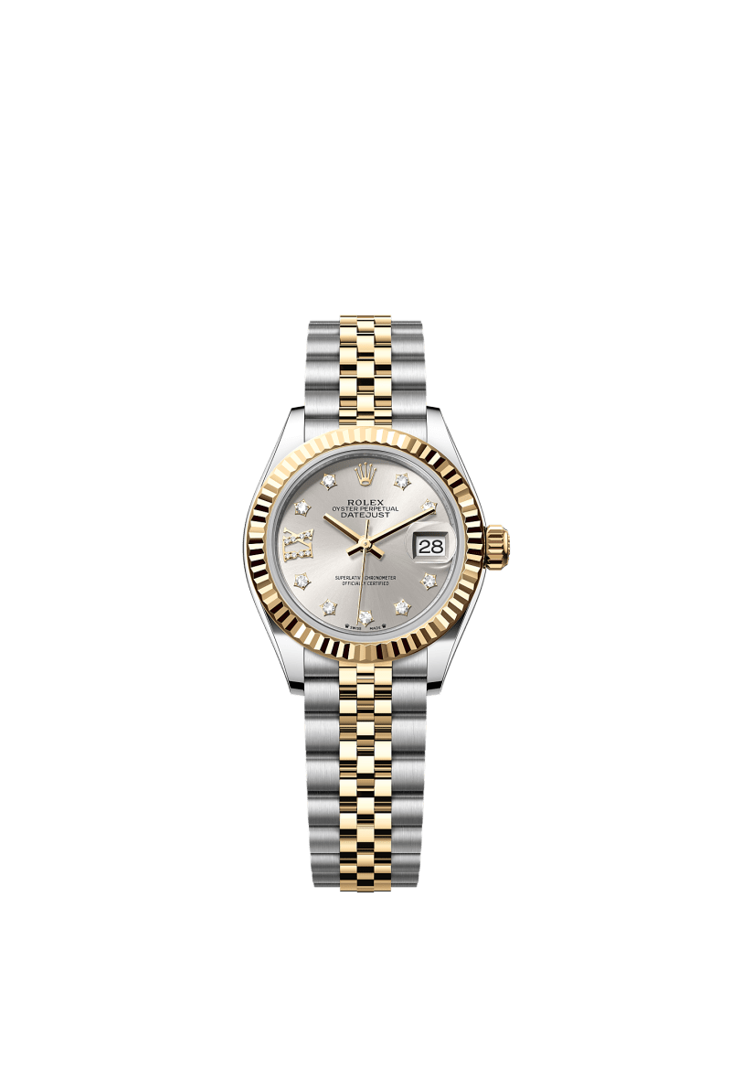 ROLEX LADY-DATEJUST 28MM TWO-TONE YELLOW GOLD SILVER STAR DIAMOND DIAL FLUTED BEZEL JUBILEE BRACELET 279173
