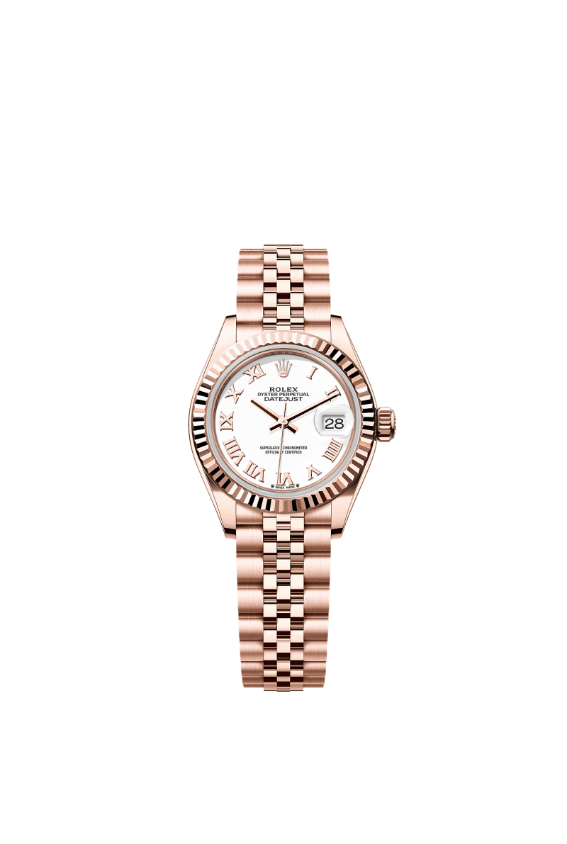 ROLEX LADY-DATEJUST 28MM EVEROSE GOLD WHITE ROMAN DIAL FLUTED BEZEL JUBILEE BRACELET 279175