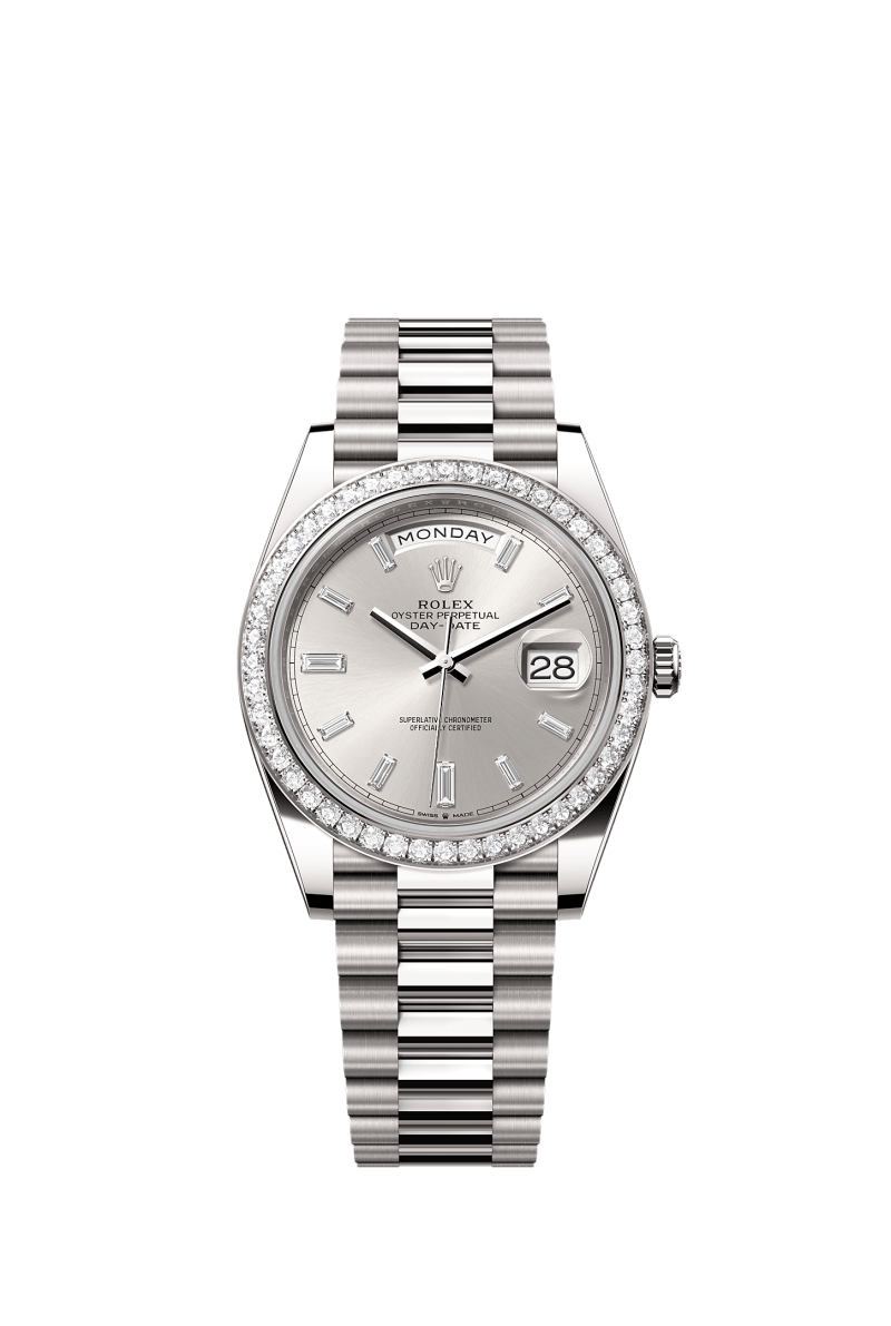 ROLEX DAY-DATE 40MM WHITE GOLD SILVER DIAMOND BAGUETTE DIAL DIAMOND BEZEL PRESIDENT BRACELET 228349RBR