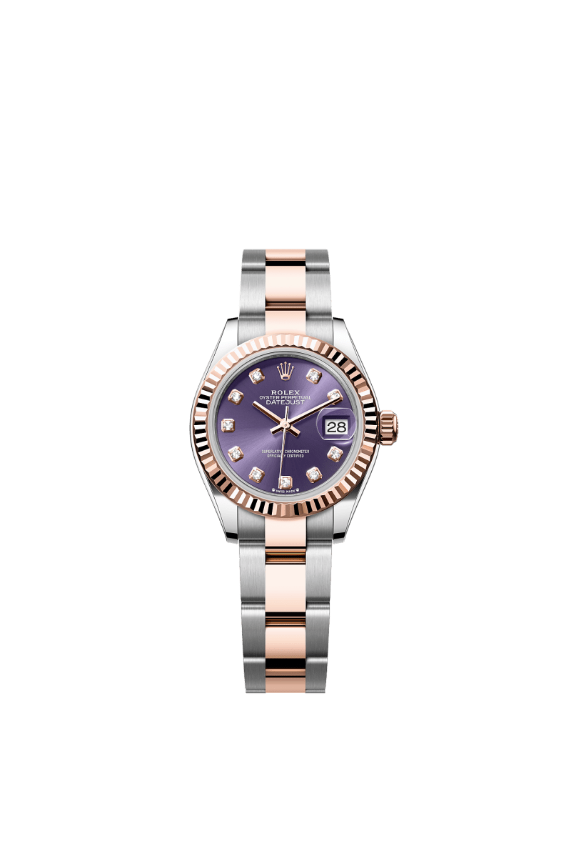 ROLEX LADY-DATEJUST 28MM TWO-TONE EVEROSE GOLD AUBERGINE DIAMOND DIAL FLUTED BEZEL OYSTER BRACELET 279171