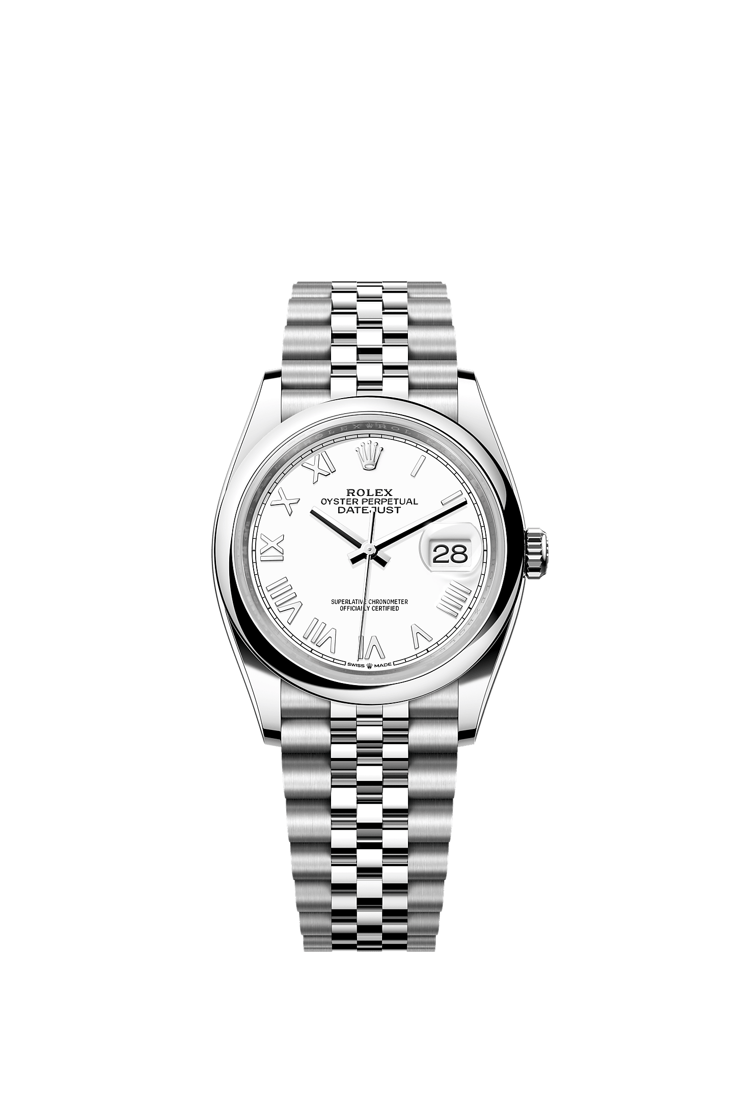 ROLEX DATEJUST 36MM WHITE ROMAN DIAL SMOOTH BEZEL JUBILEE BRACELET 126200