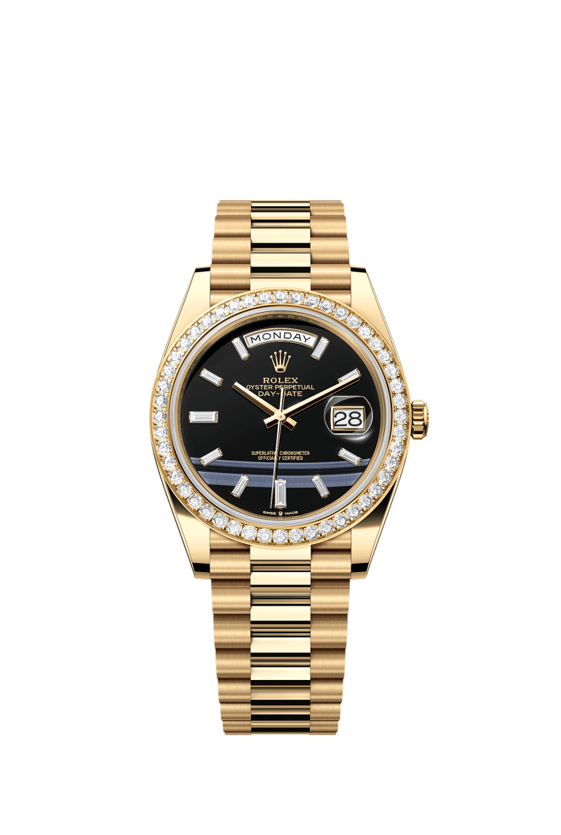 ROLEX DAY-DATE 40MM YELLOW GOLD PRESIDENT DAY DATE 40MM ONYX DIAMOND DIAL DIAMOND BEZEL PRESIDENT BRACELET 228348RBR