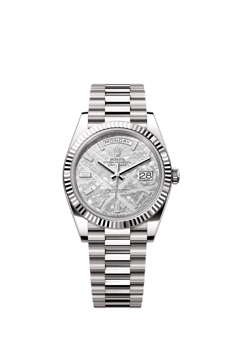 ROLEX DAY-DATE 40MM WHITE GOLD METEORITE DIAMOND BAGUETTE DIAL FLUTED BEZEL PRESIDENT BRACELET 228239