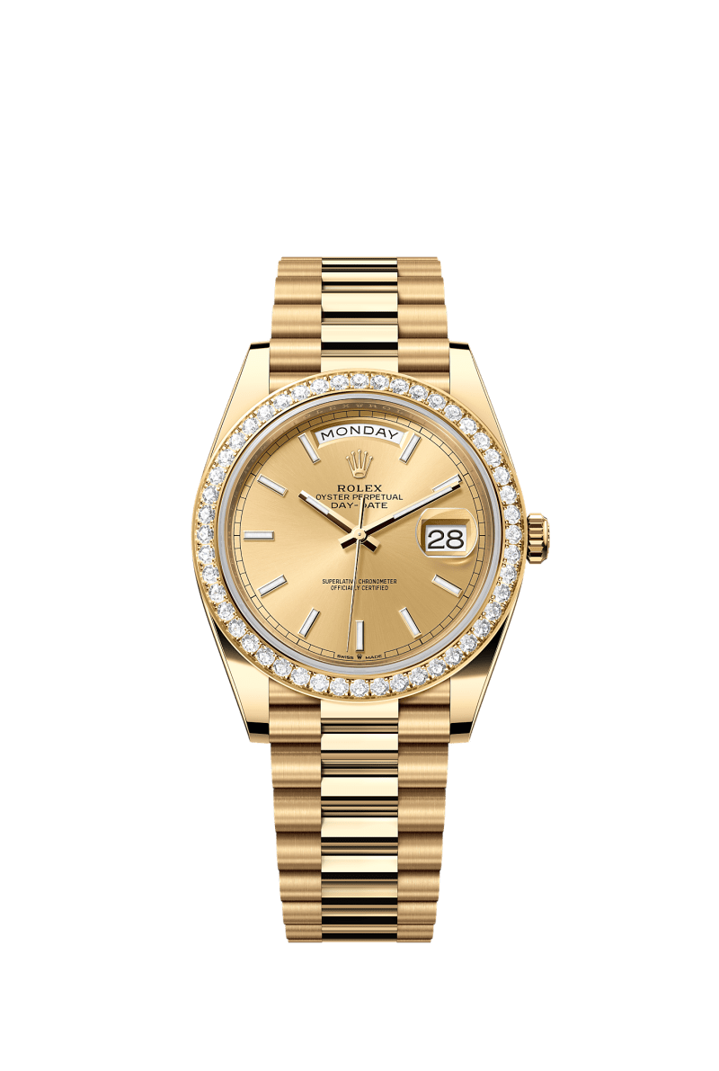ROLEX DAY-DATE 40MM YELLOW GOLD CHAMPAGNE INDEX DIAL DIAMOND BEZEL PRESIDENT BRACELET 228348RBR