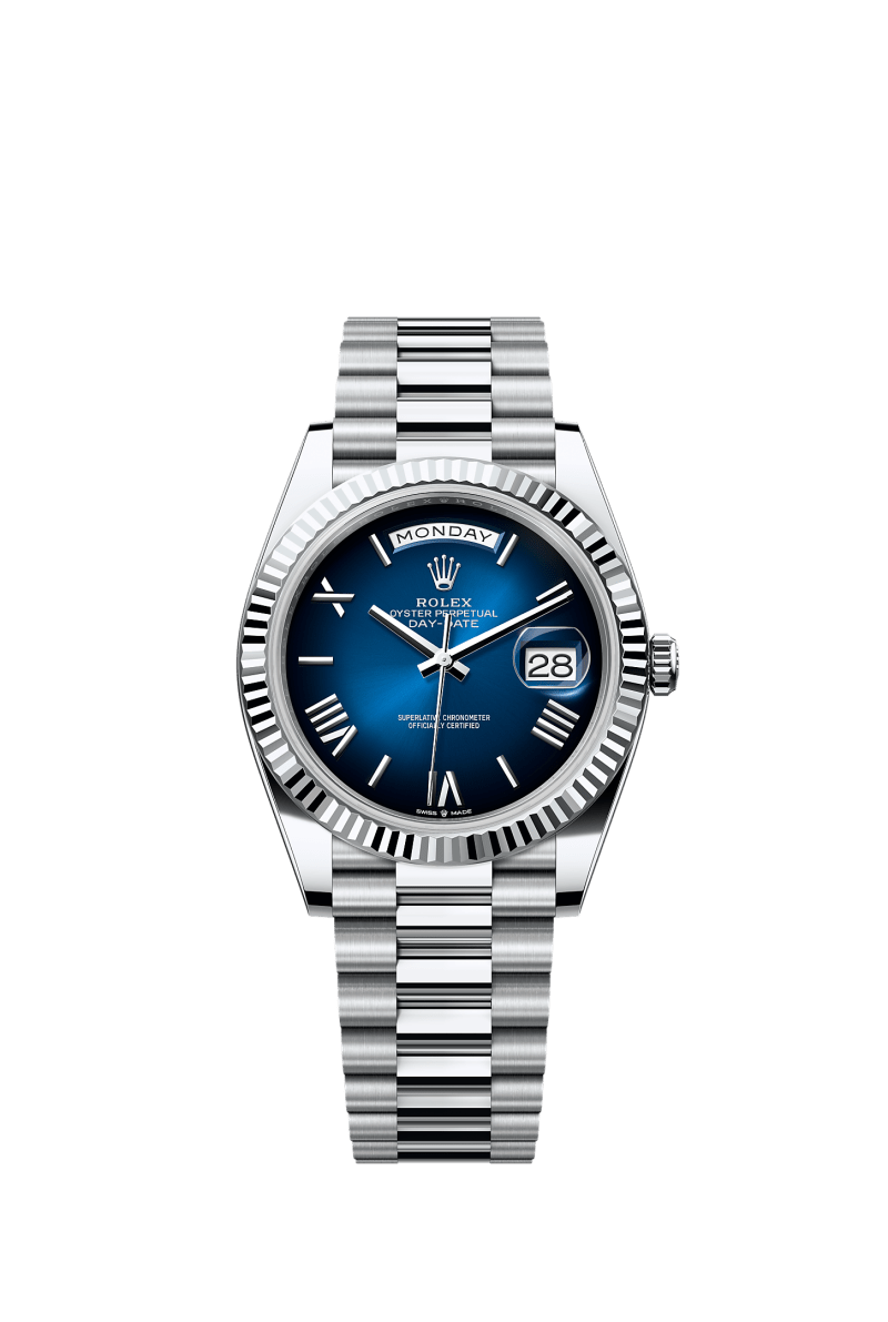 ROLEX DAY-DATE 40MM PLATINUM BLUE ROMAN OMBRE DIAL FLUTED BEZEL PRESIDENT BRACELET 228236