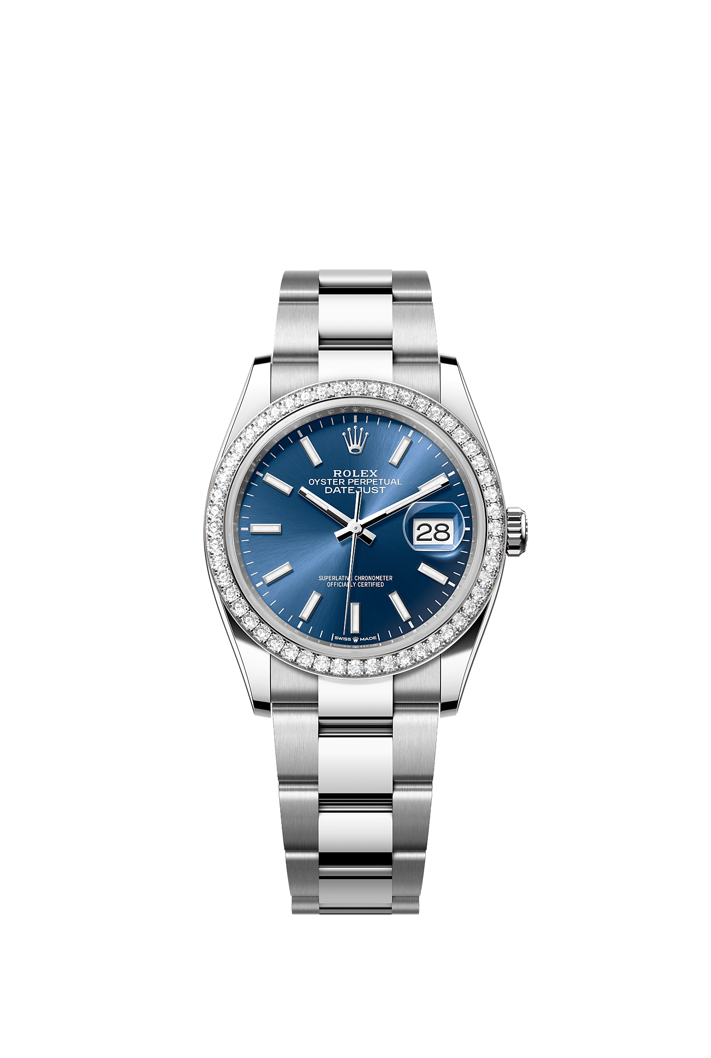 ROLEX DATEJUST 36MM BRIGHT BLUE INDEX DIAL DIAMOND BEZEL OYSTER BRACELET 126284RBR