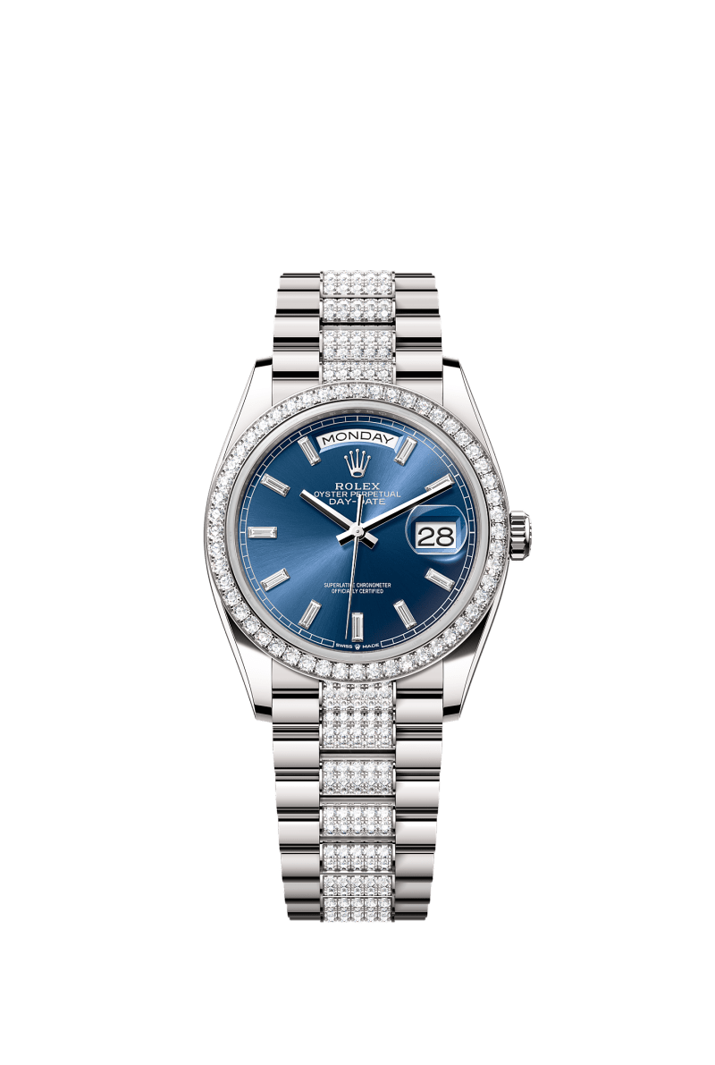 ROLEX DAY-DATE 36MM WHITE GOLD BLUE DIAMOND BAGUETTE DIAL DIAMOND BEZEL DIAMOND-SET PRESIDENT BRACELET 128349RBR