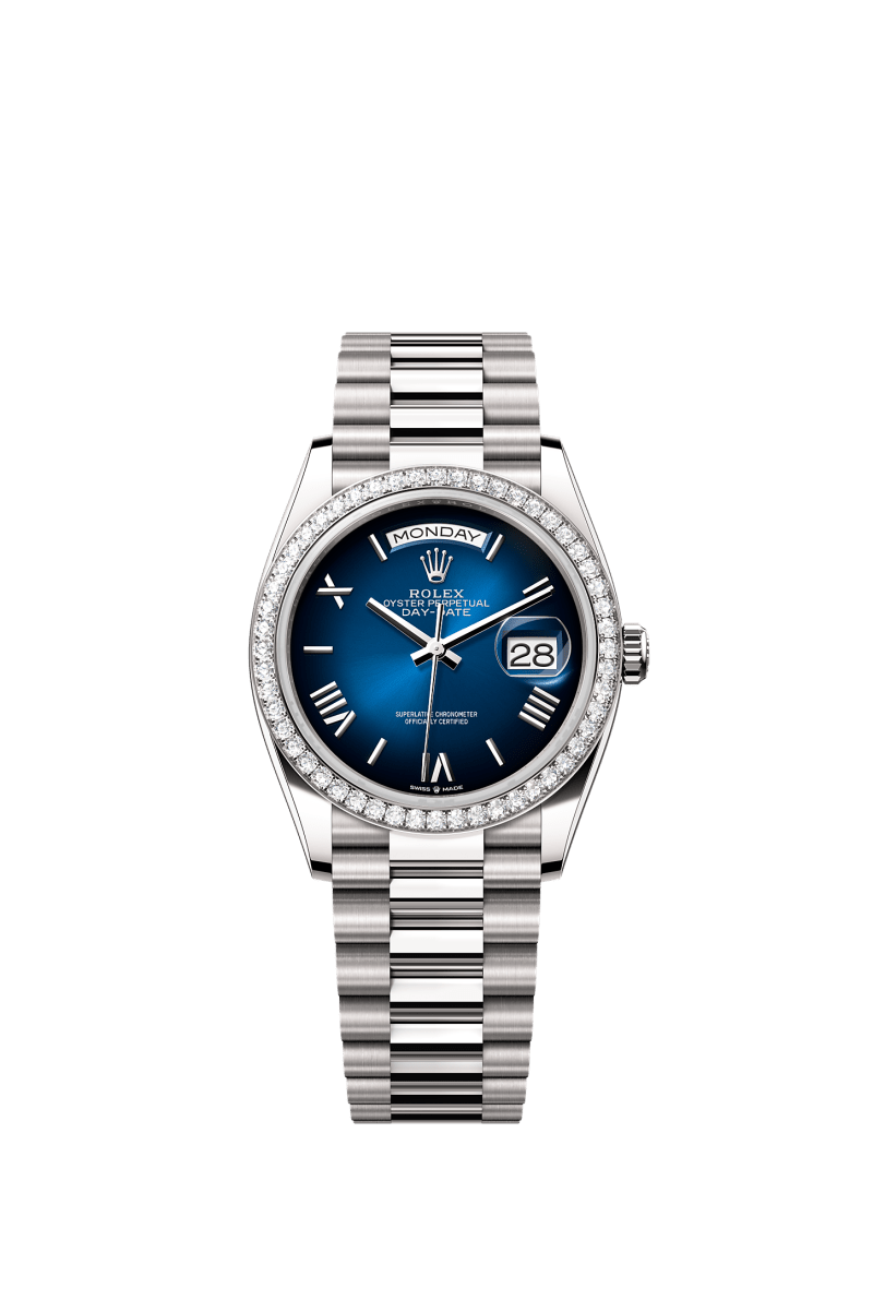 ROLEX DAY-DATE 36MM WHITE GOLD BLUE ROMAN OMBRE DIAL DIAMOND BEZEL PRESIDENT BRACELET 128349RBR