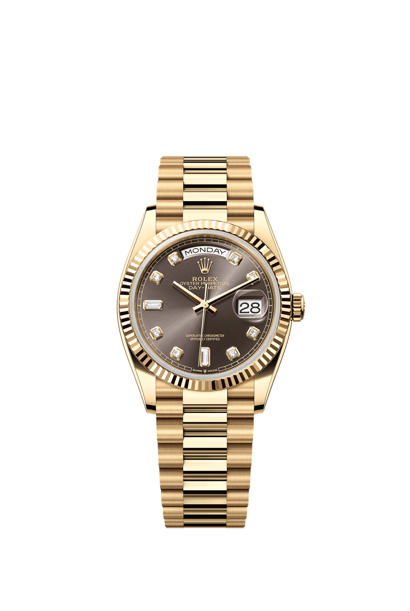 ROLEX DAY-DATE 36MM YELLOW GOLD DARK GREY DIAMOND DIAL FLUTED BEZEL PRESIDENT BRACELET 128238