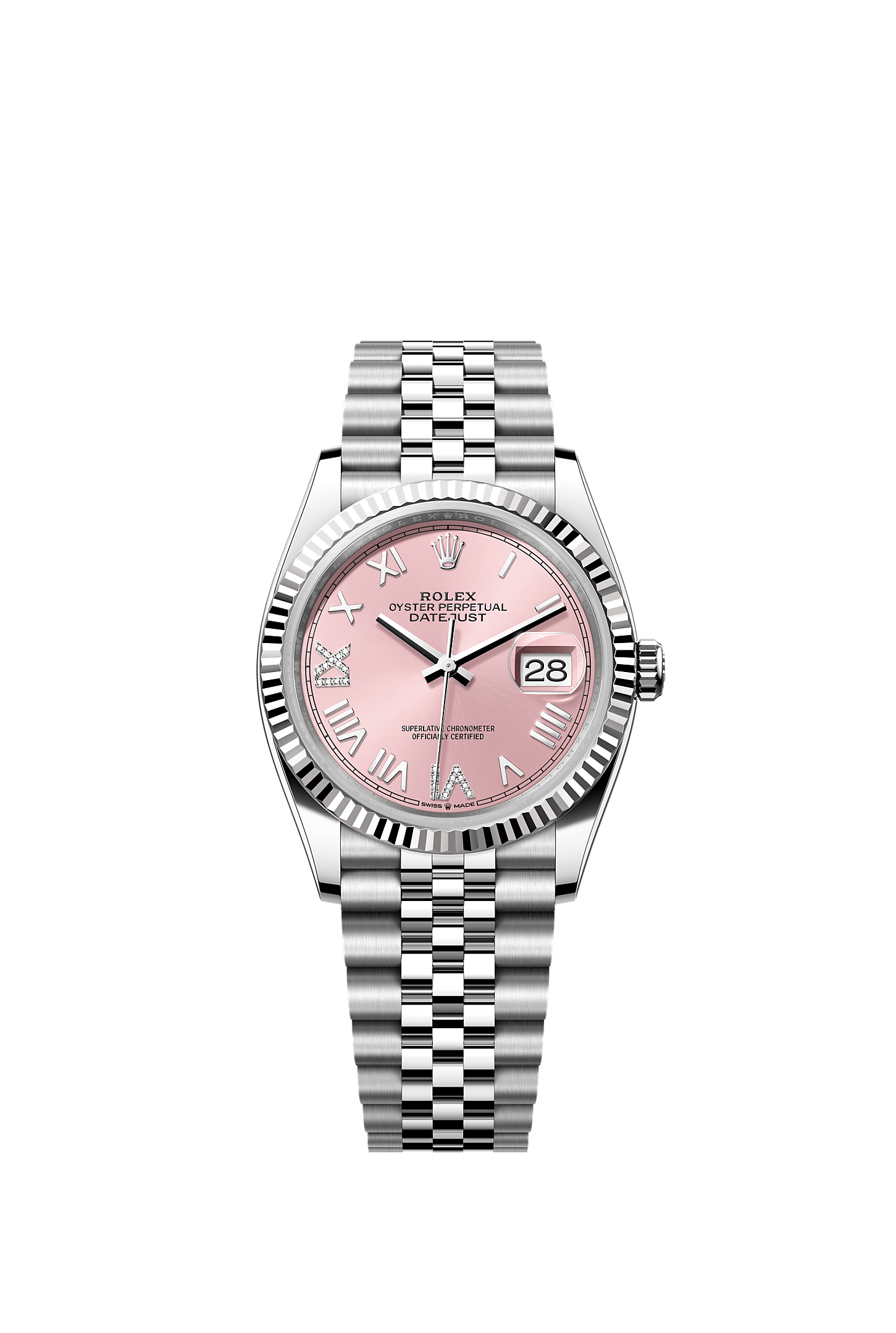 ROLEX DATEJUST 36 PINK ROMAN DIAMOND DIAL FLUTED BEZEL JUBILEE BRACELET 126234