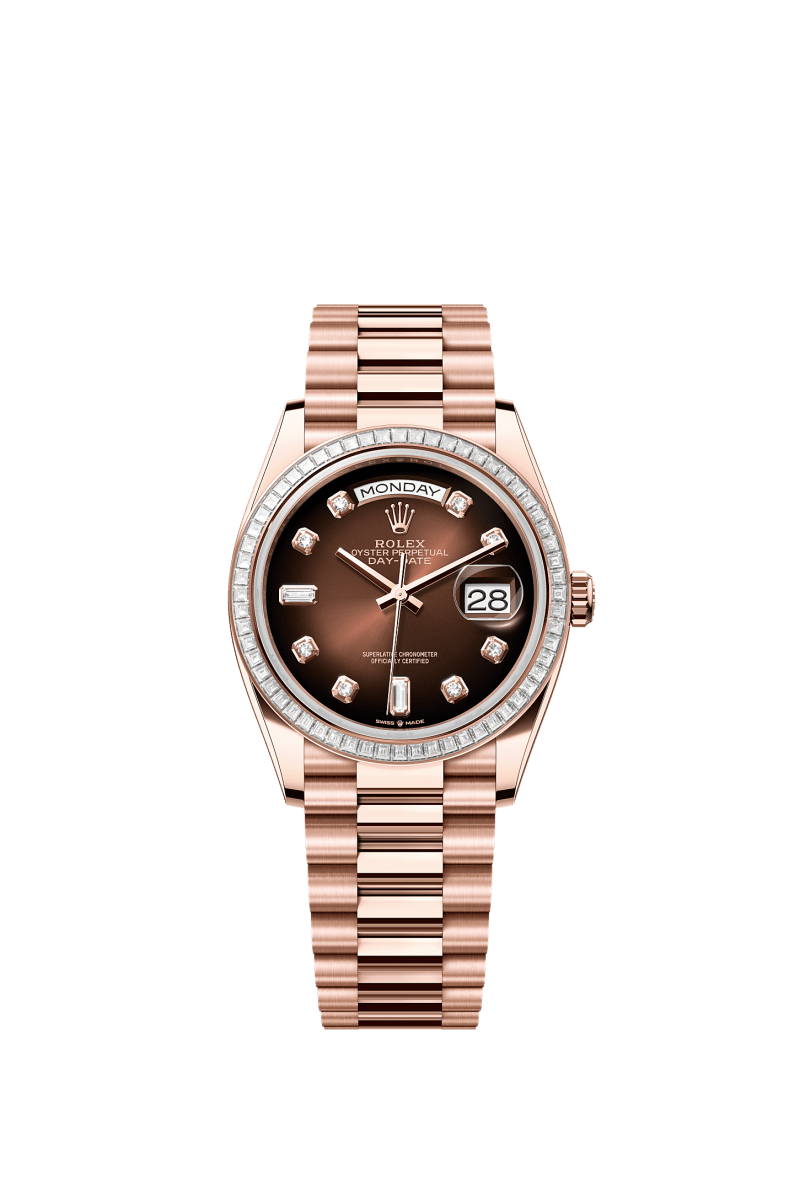 ROLEX DAY-DATE 36MM EVEROSE GOLD BROWN OMBRE DIAMOND DIAL TRAPEZE DIAMOND BEZEL PRESIDENT BRACELET 128395TBR
