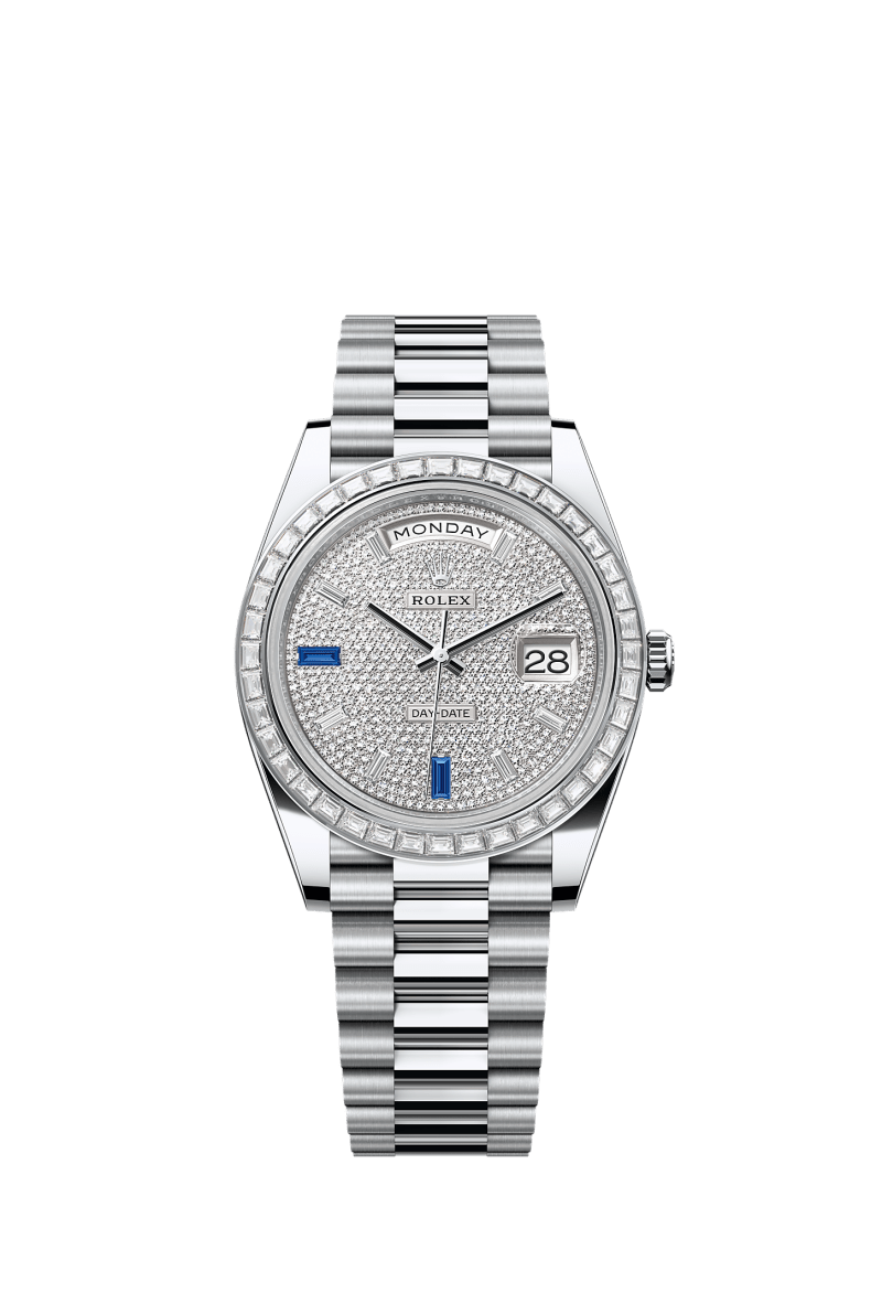 ROLEX DAY-DATE 40MM PLATINUM PAVE DIAMOND SAPPHIRE DIAL TRAPEZE DIAMOND BEZEL PRESIDENT BRACELET 228396TBR