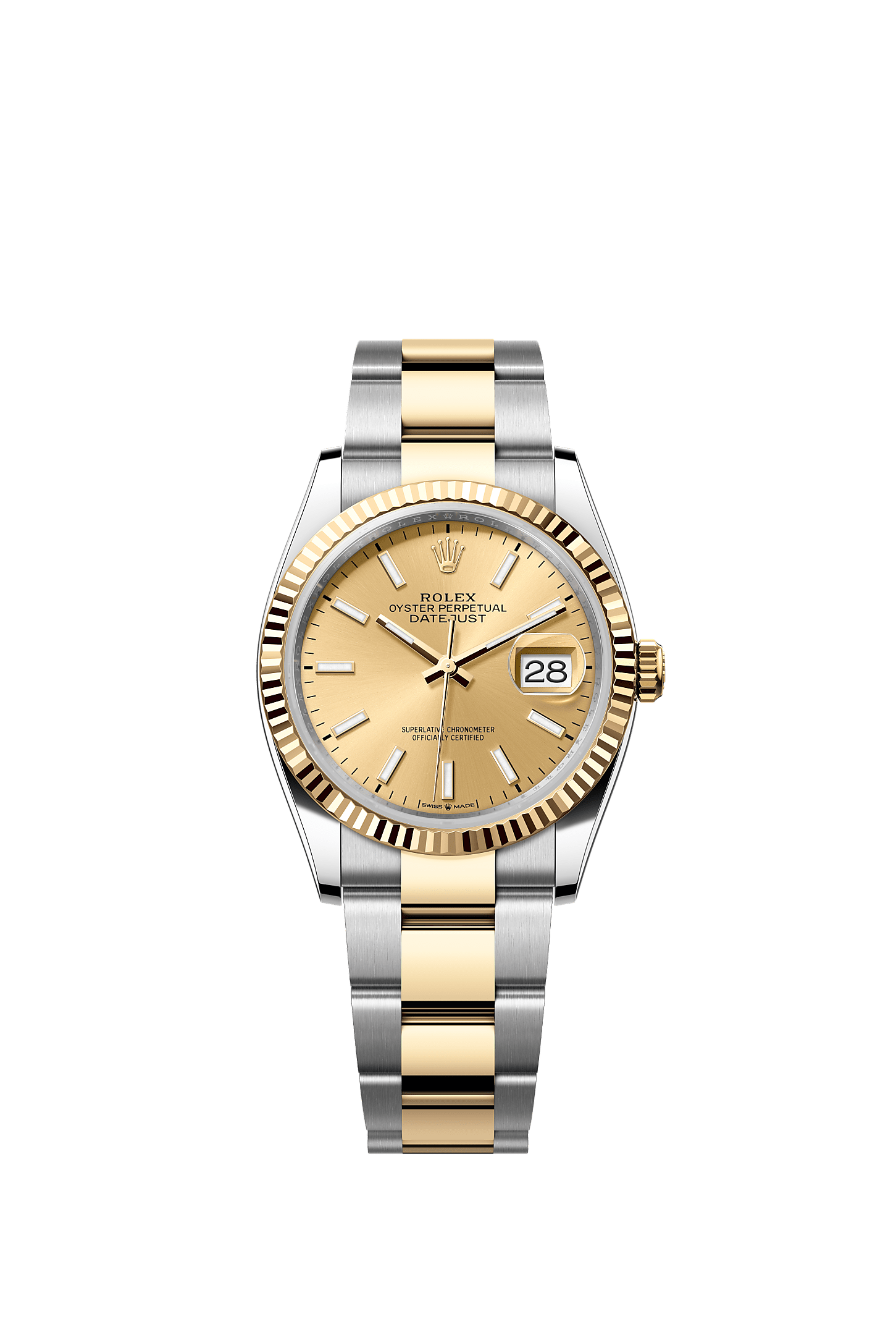 ROLEX DATEJUST 36MM TWO-TONE YELLOW GOLD CHAMPAGNE INDEX DIAL FLUTED BEZEL OYSTER BRACELET 126233