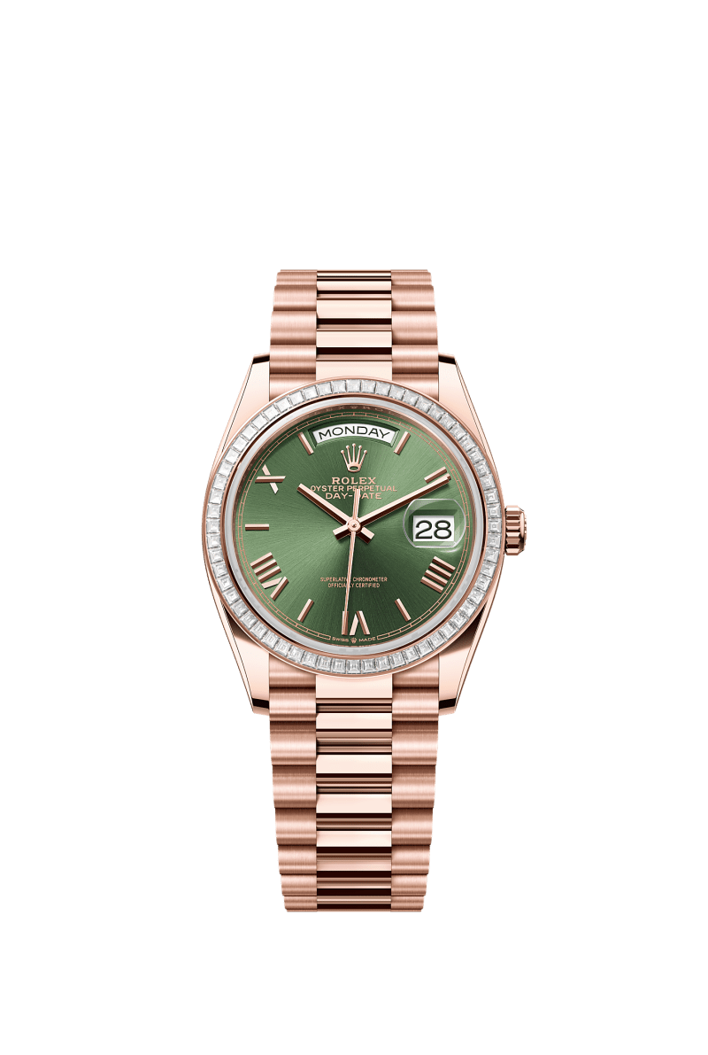 ROLEX DAY-DATE 36MM EVEROSE GOLD OLIVE GREEN ROMAN DIAL TRAPEZE DIAMOND BEZEL PRESIDENT BRACELET 128395TBR