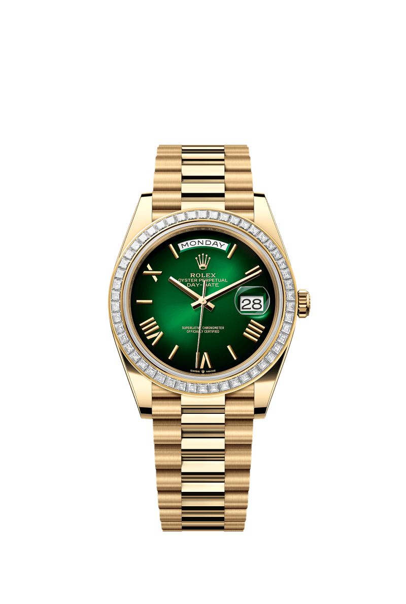 ROLEX DAY-DATE 40MM YELLOW GOLD GREEN OMBRE DIAL TRAPEZE DIAMOND BEZEL PRESIDENT BRACELET 228398TBR