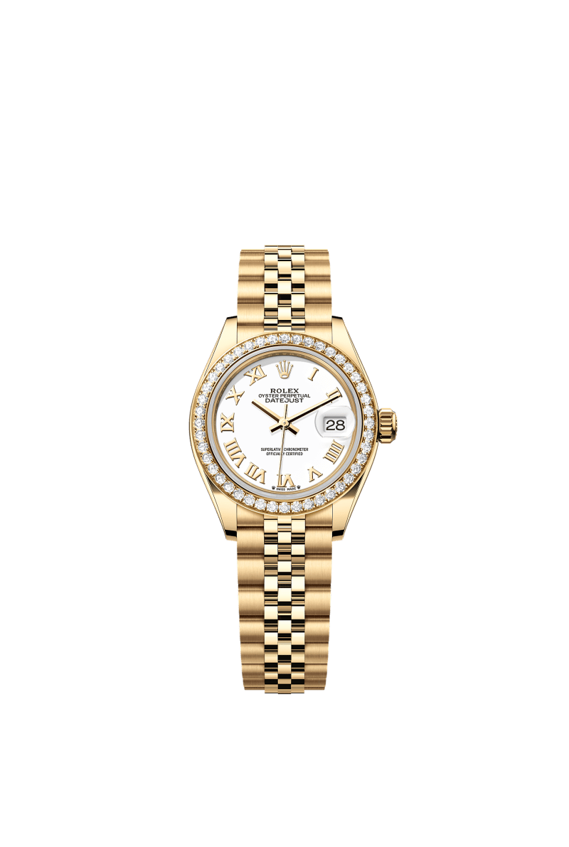 ROLEX LADY-DATEJUST 28MM YELLOW GOLD WHITE ROMAN DIAL DIAMOND-SET BEZEL JUBILEE BRACELET 279138RBR