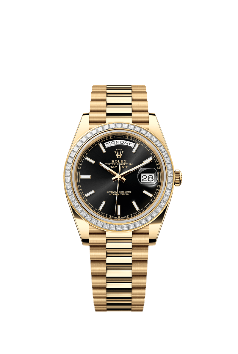 ROLEX DAY-DATE 40MM YELLOW GOLD BLACK INDEX DIAL TRAPEZE DIAMOND BEZEL PRESIDENT BRACELET 228398TBR