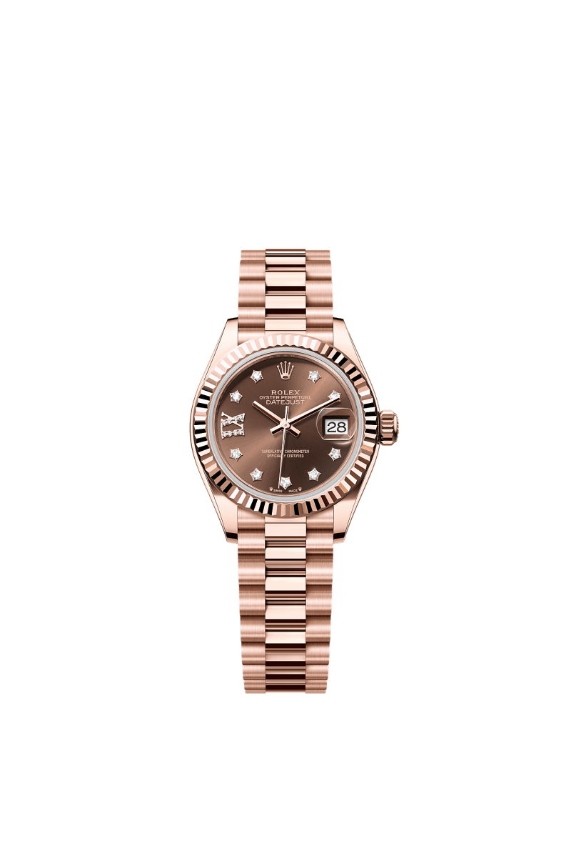 ROLEX LADY-DATEJUST 28MM EVEROSE GOLD CHOCOLATE STAR DIAMOND DIAL FLUTED BEZEL PRESIDENT BRACELET 279175