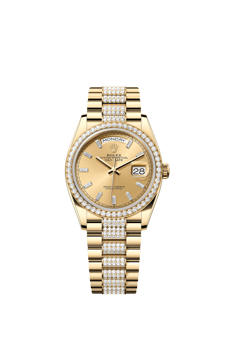 ROLEX DAY-DATE 36MM YELLOW GOLD CHAMPAGNE DIAMOND BAGUETTE DIAL DIAMOND BEZEL DIAMOND-SET PRESIDENT BRACELET 128348RBR