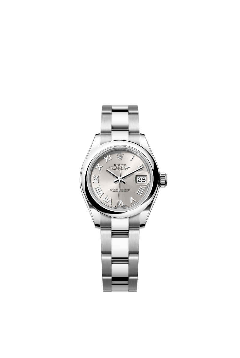 ROLEX LADY-DATEJUST 28MM SILVER ROMAN DIAL DOMED BEZEL OYSTER BRACELET 279160