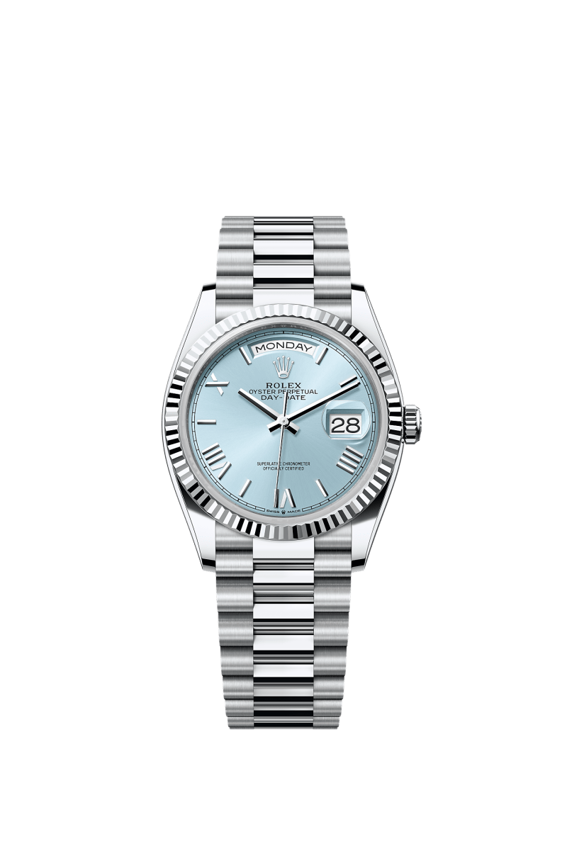 ROLEX DAY-DATE 36MM PLATINUM ICE BLUE ROMAN DIAL FLUTED BEZEL PRESIDENT BRACELET 128236