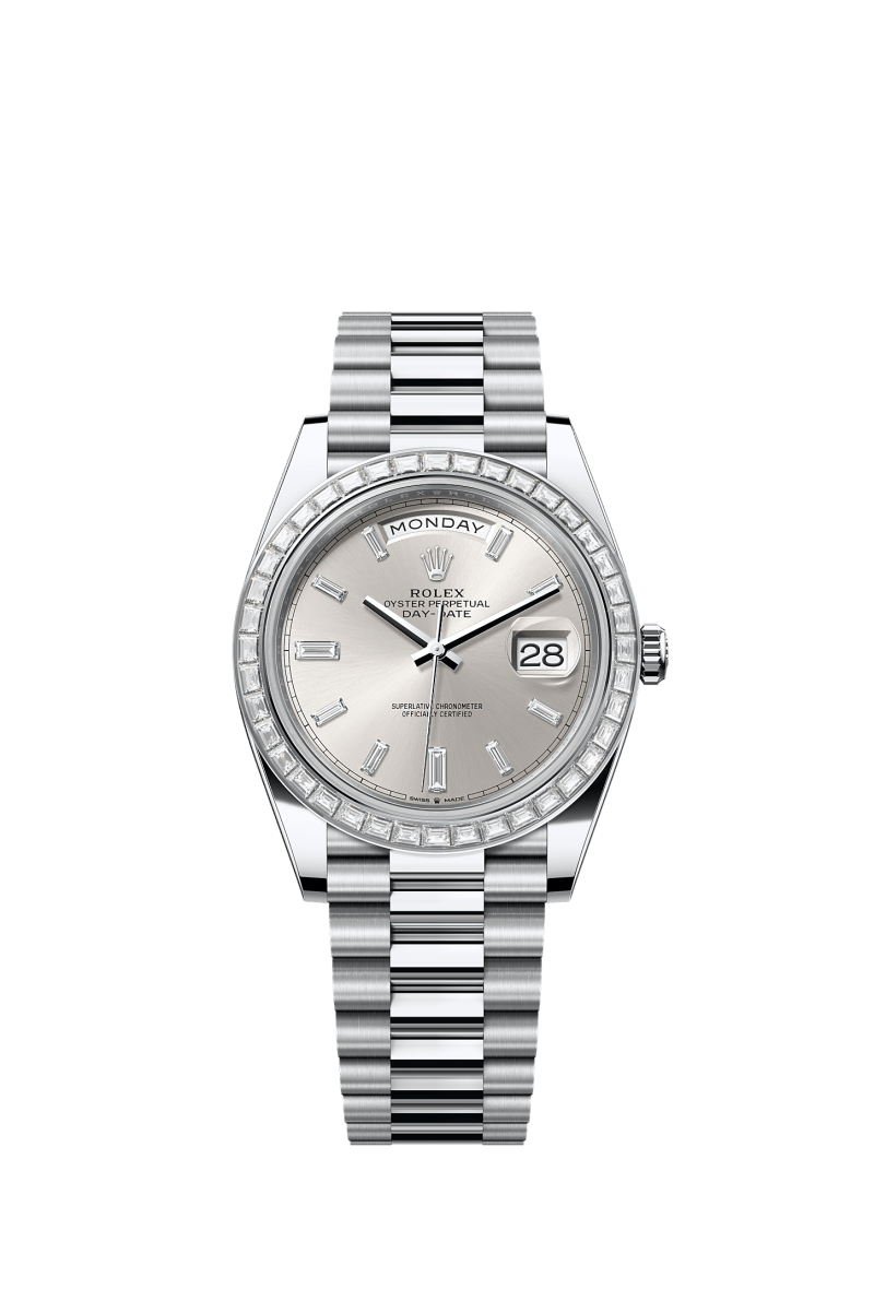 ROLEX DAY-DATE 40MM PLATINUM SILVER DIAMOND BAGUETTE DIAL TRAPEZE DIAMOND BEZEL PRESIDENT BRACELET 228396TBR