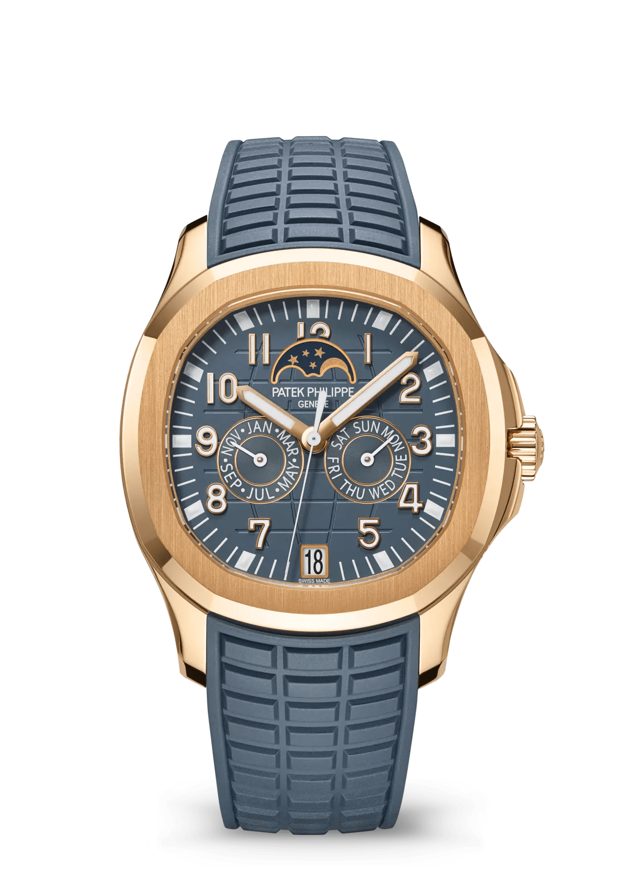 PATEK PHILIPPE AQUANAUT ANNUAL CALENDAR MOON PHASES ROSE GOLD BLUE-GRAY DIAL - 5261R-001