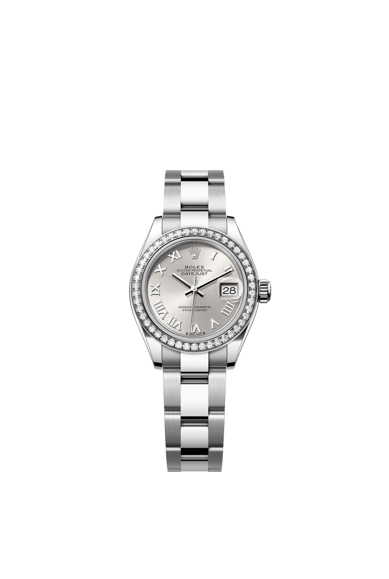 ROLEX LADY-DATEJUST 28MM SILVER ROMAN DIAL DIAMOND-SET BEZEL OYSTER BRACELET 279384RBR