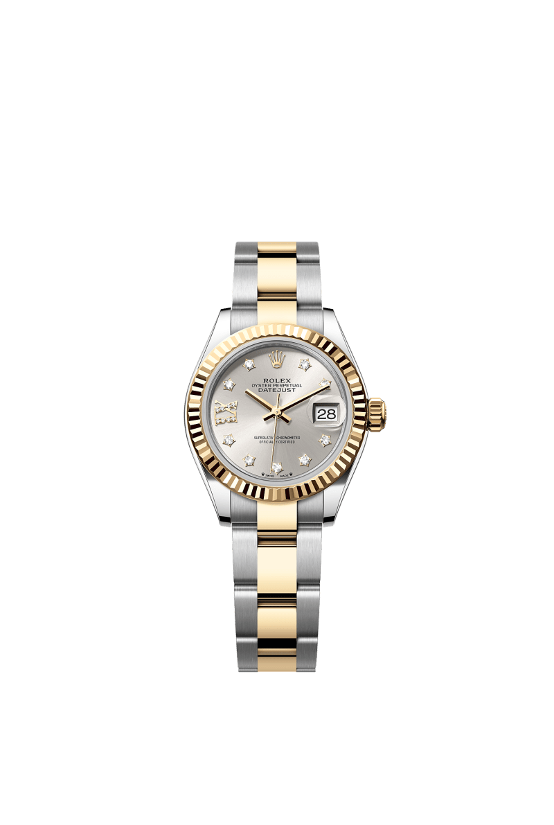 ROLEX LADY-DATEJUST 28MM TWO-TONE YELLOW GOLD SILVER STAR DIAMOND DIAL FLUTED BEZEL OYSTER BRACELET 279173