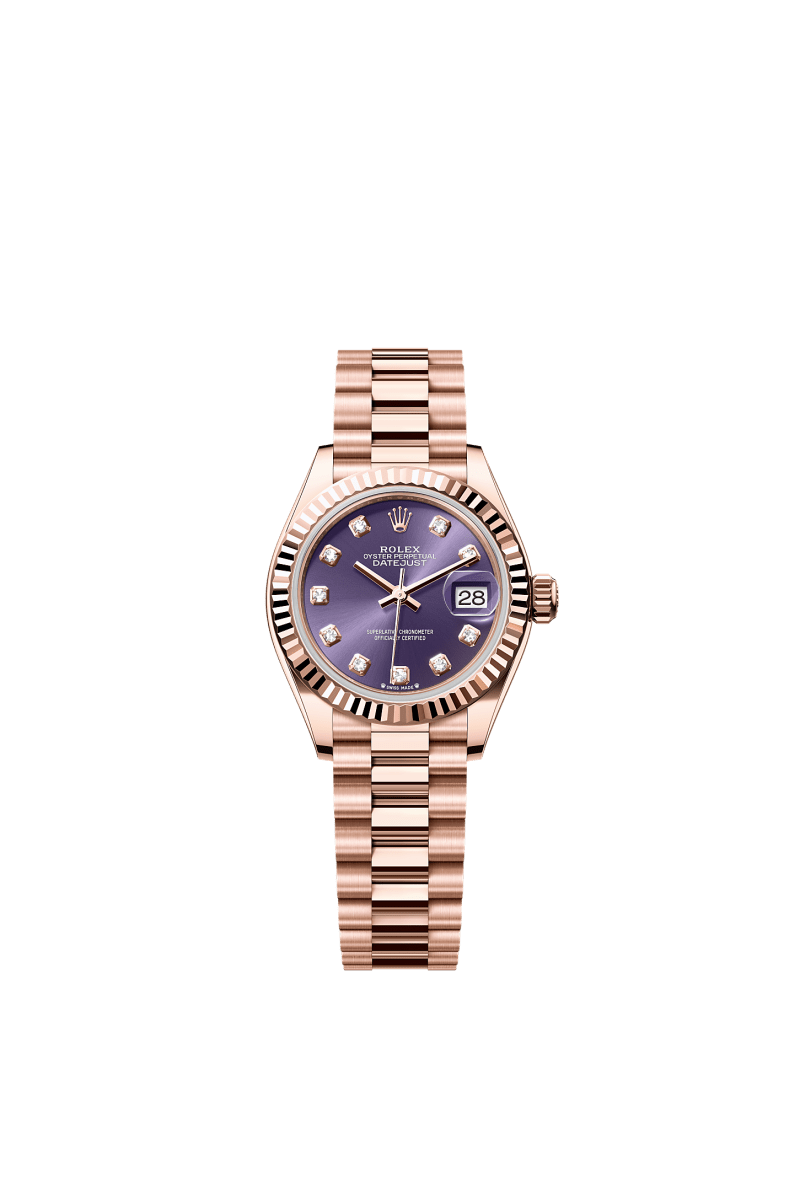ROLEX LADY-DATEJUST 28MM EVEROSE GOLD AUBERGINE DIAMOND DIAL FLUTED BEZEL PRESIDENT BRACELET 279175