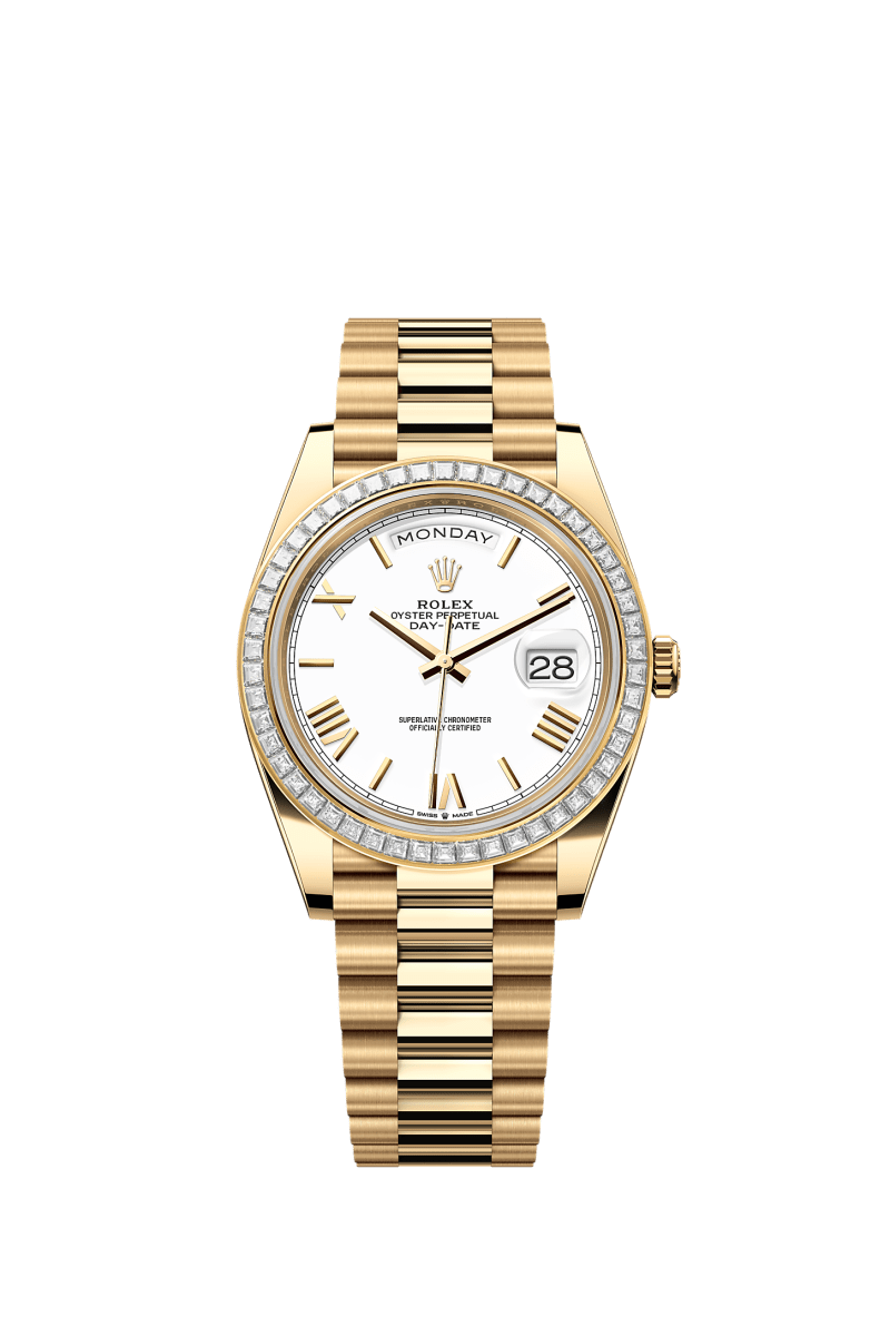 ROLEX DAY-DATE 40MM YELLOW GOLD WHITE ROMAN DIAL TRAPEZE DIAMOND BEZEL PRESIDENT BRACELET 228398TBR