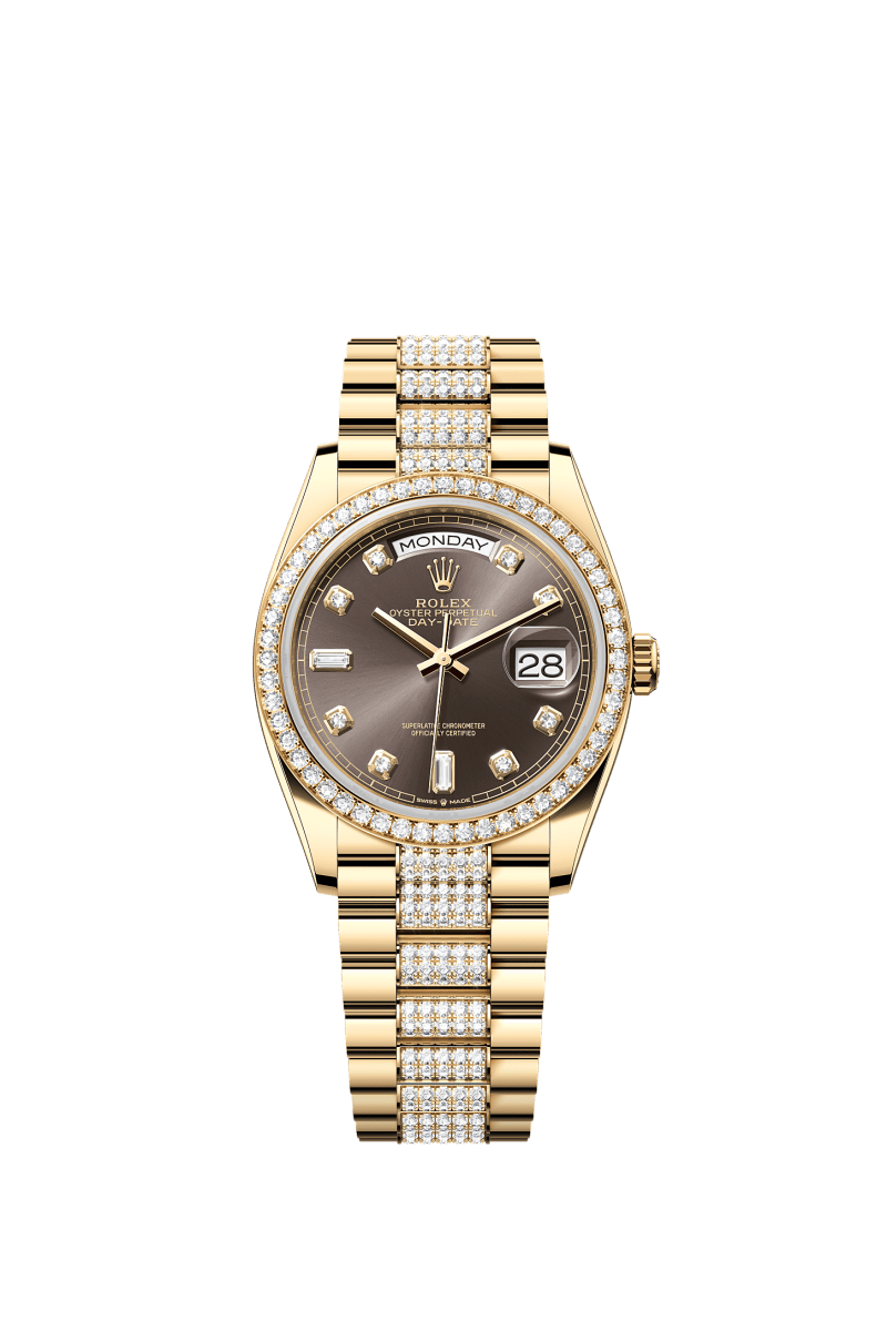 ROLEX DAY-DATE 36MM YELLOW GOLD DARK GREY DIAMOND DIAL DIAMOND BEZEL DIAMOND-SET PRESIDENT BRACELET 128348RBR