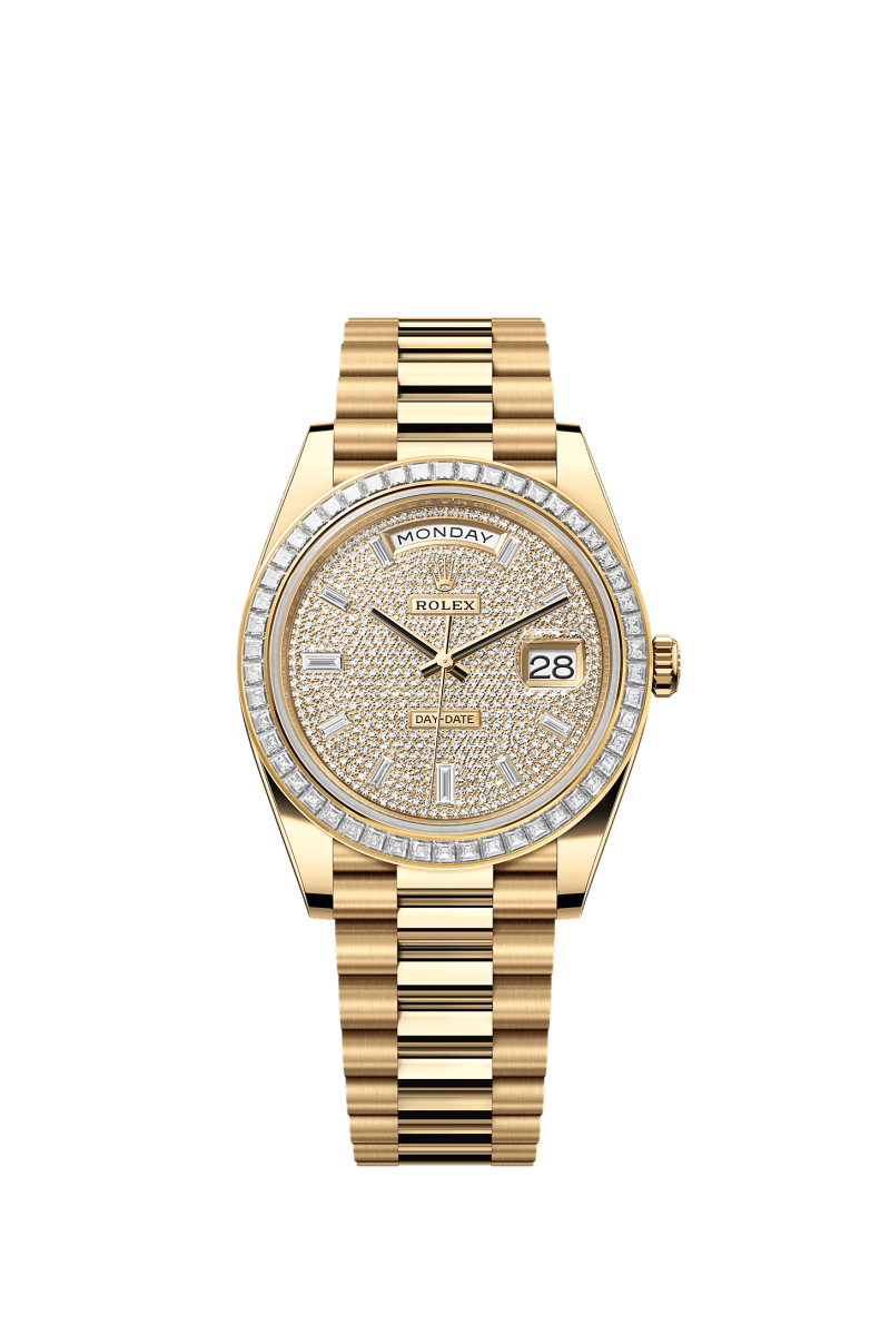 ROLEX DAY-DATE 40MM YELLOW GOLD DIAMOND PAVE DIAL TRAPEZE DIAMOND BEZEL PRESIDENT BRACELET 228398TBR