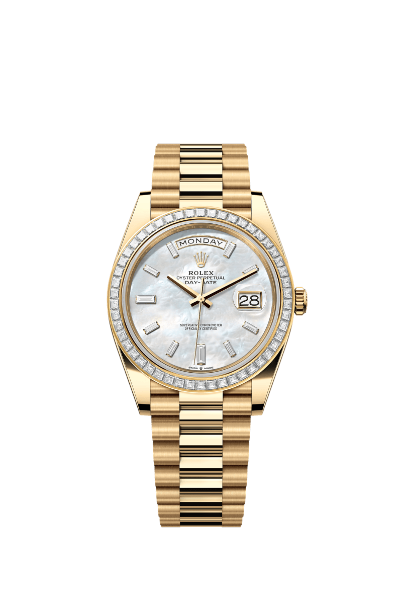 ROLEX DAY-DATE 40MM YELLOW GOLD MOTHER OF PEARL DIAMOND BAGUETTE DIAL TRAPEZE DIAMOND BEZEL PRESIDENT BRACELET 228398TBR