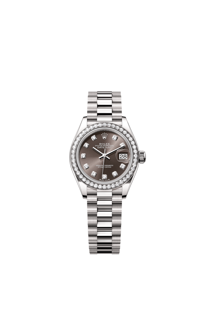 ROLEX LADY-DATEJUST 28MM WHITE GOLD DARK GREY DIAMOND DIAL DIAMOND-SET BEZEL PRESIDENT BRACELET 279139RBR