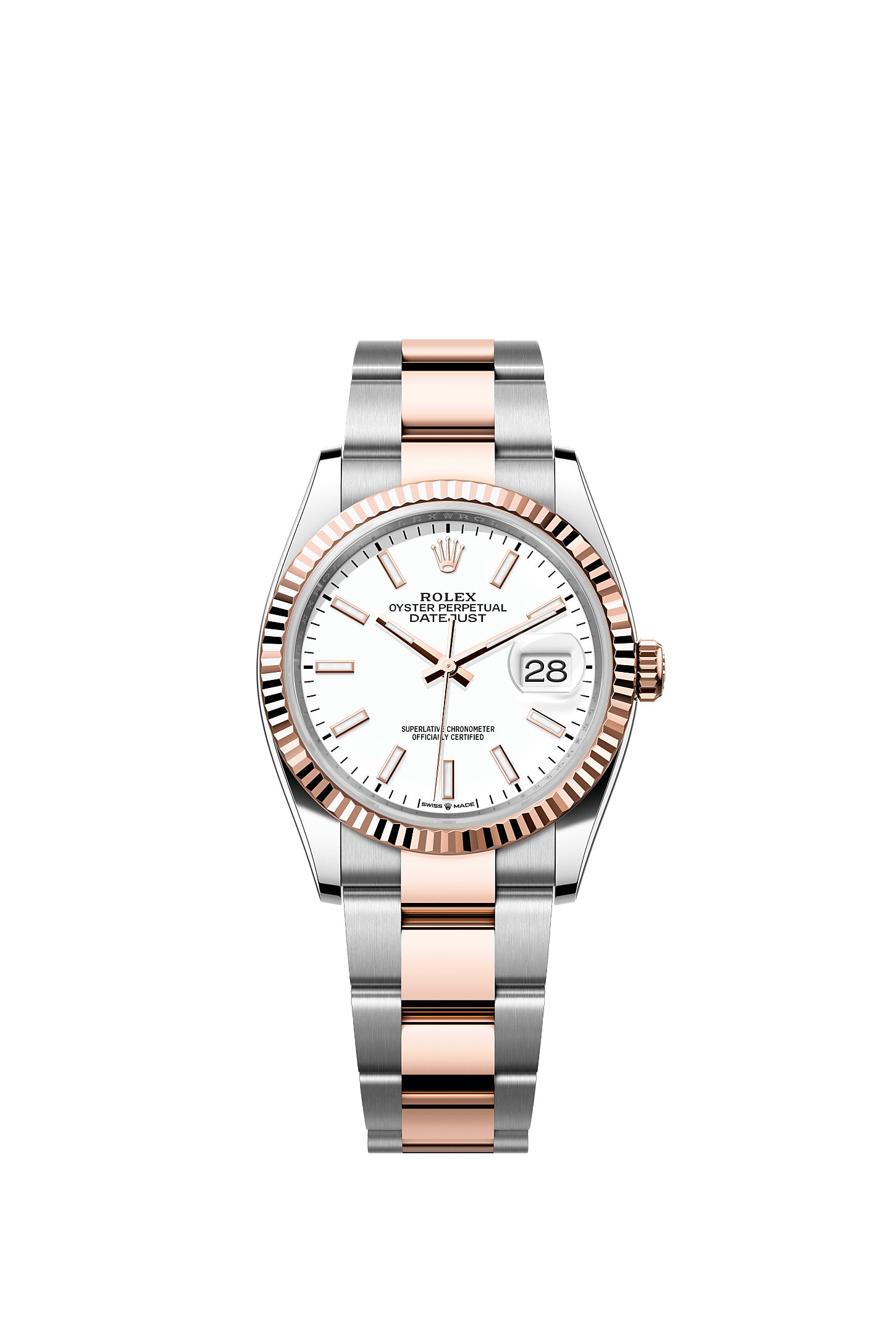 ROLEX DATEJUST 36MM TWO-TONE EVEROSE GOLD WHITE INDEX DIAL FLUTED BEZEL OYSTER BRACELET 126231