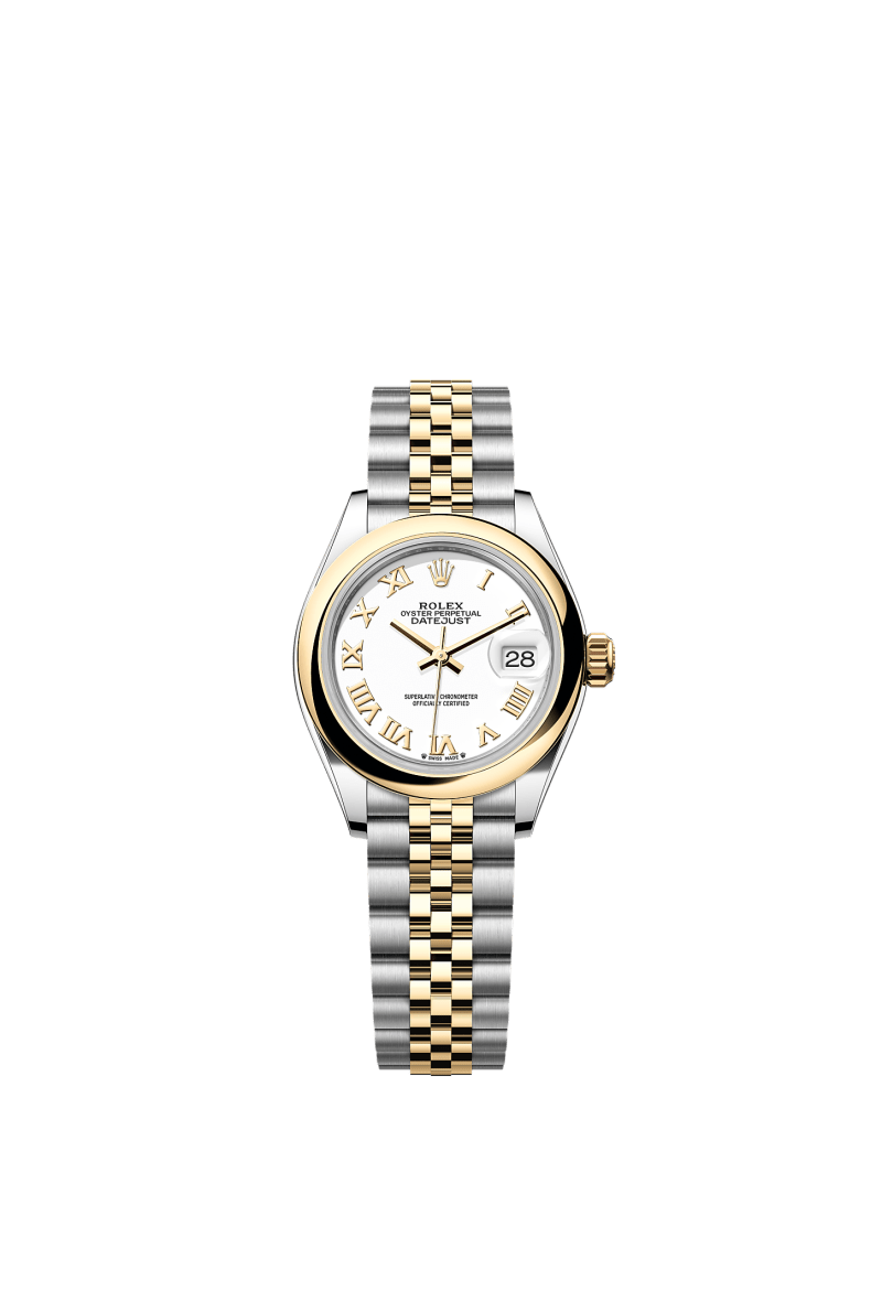 ROLEX LADY-DATEJUST 28MM TWO-TONE YELLOW GOLD WHITE ROMAN DIAL DOMED BEZEL JUBILEE BRACELET 279163