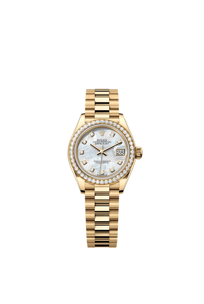 ROLEX LADY-DATEJUST 28MM YELLOW GOLD MOTHER OF PEARL DIAMOND DIAL DIAMOND-SET BEZEL PRESIDENT BRACELET 279138RBR