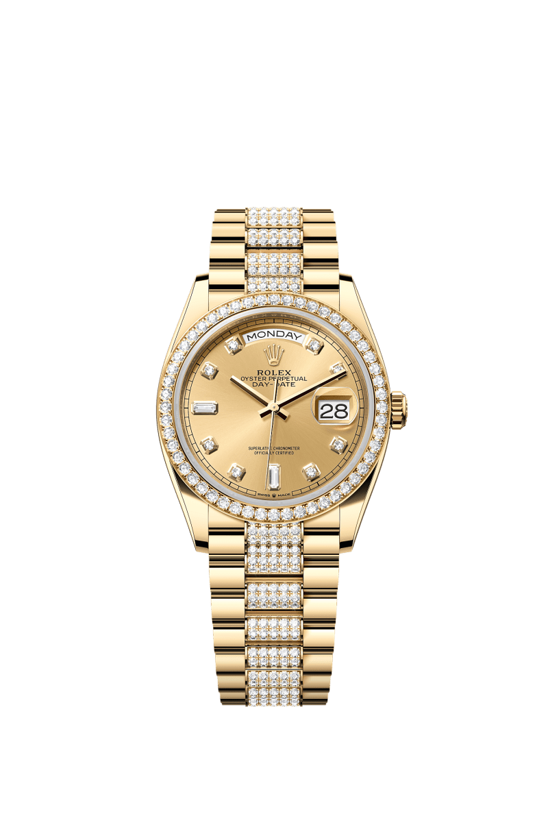 ROLEX DAY-DATE 36MM YELLOW GOLD CHAMPAGNE DIAMOND DIAL DIAMOND BEZEL DIAMOND-SET PRESIDENT BRACELET 128348RBR