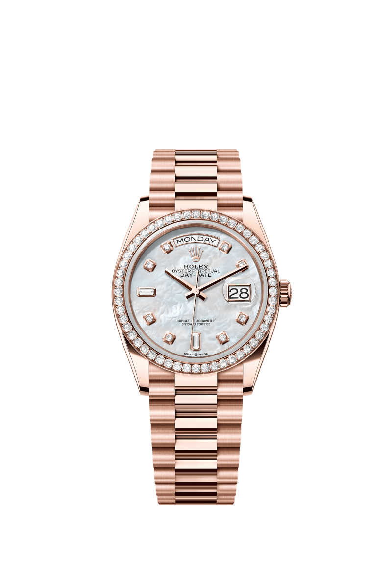 ROLEX DAY-DATE 36MM EVEROSE GOLD MOTHER OF PEARL DIAMOND DIAL DIAMOND BEZEL PRESIDENT BRACELET 128345RBR