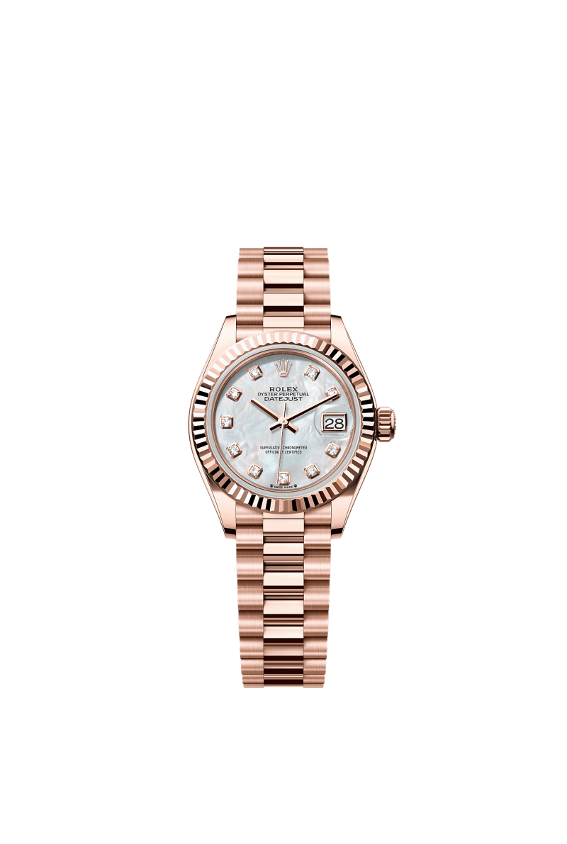 ROLEX LADY-DATEJUST 28MM EVEROSE GOLD MOTHER OF PEARL DIAMOND DIAL FLUTED BEZEL PRESIDENT BRACELET 279175