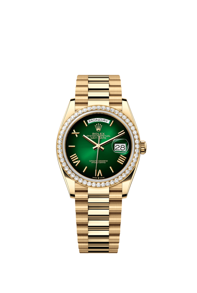 ROLEX DAY-DATE 36MM YELLOW GOLD GREEN OMBRE ROMAN DIAL DIAMOND BEZEL PRESIDENT BRACELET 128348RBR